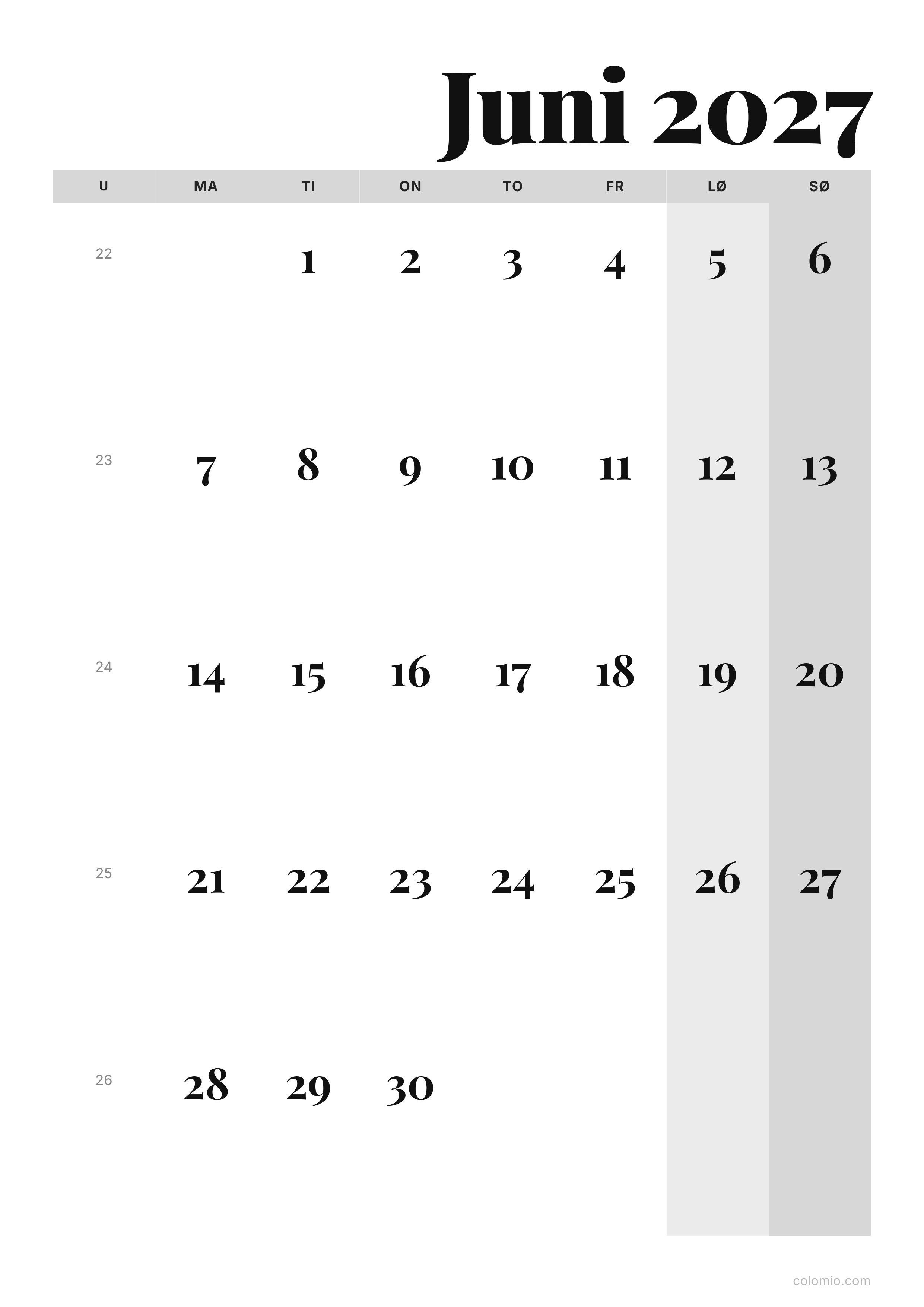 Kalender Juni 2027 editorial · stående, PDF til print