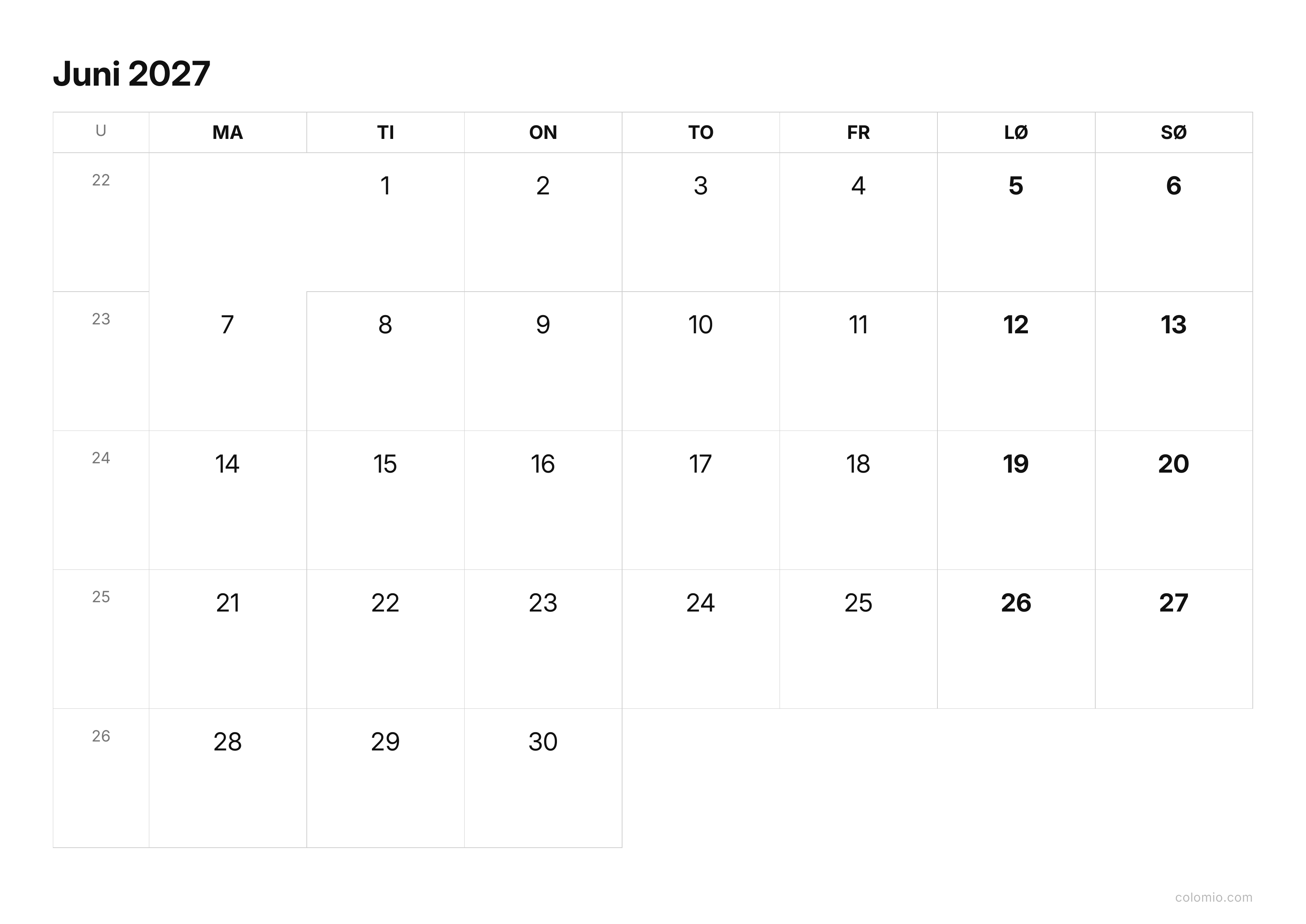 Kalender Juni 2027 enkel · liggende, PDF til print
