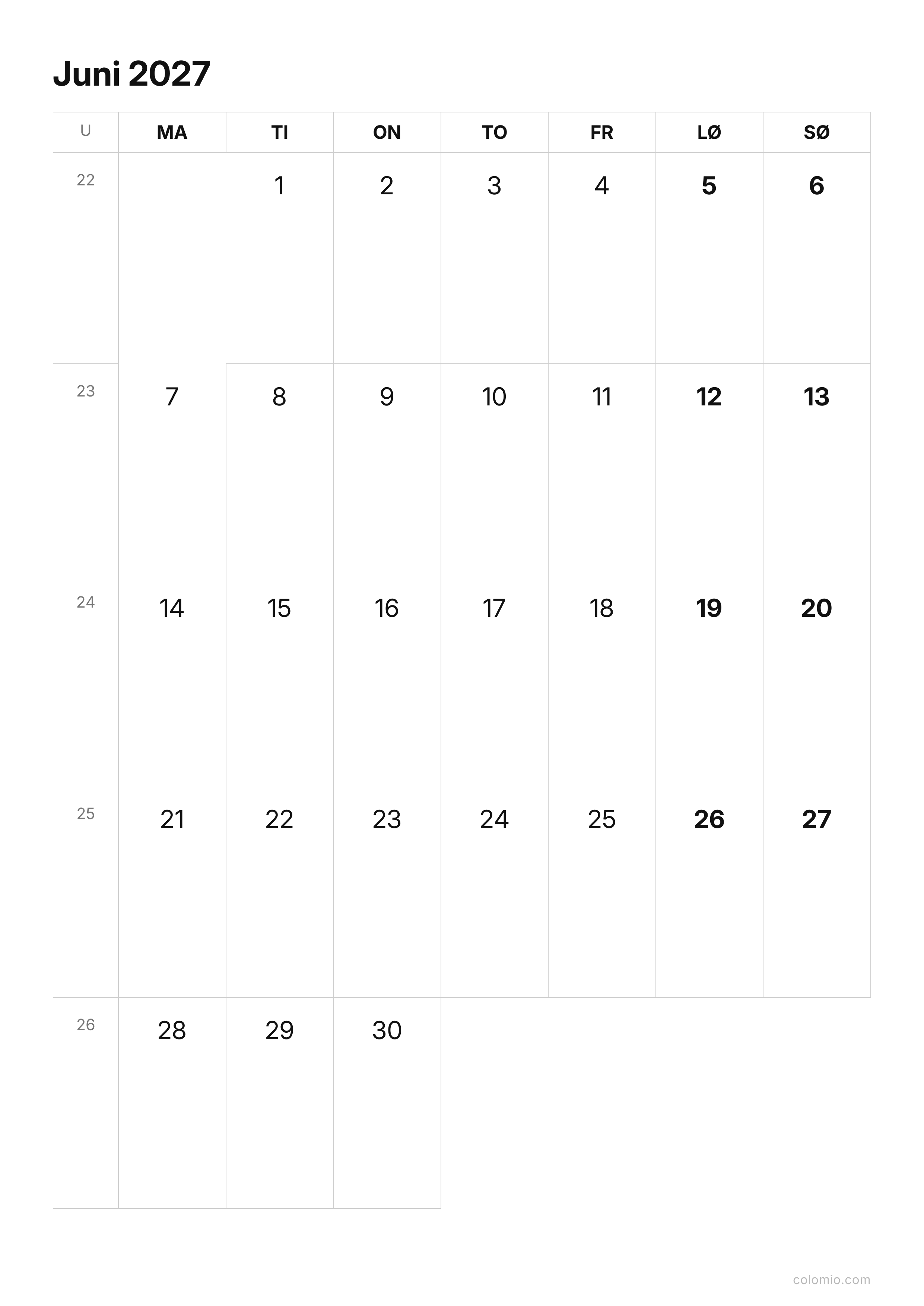 Kalender Juni 2027 enkel · stående, PDF til print
