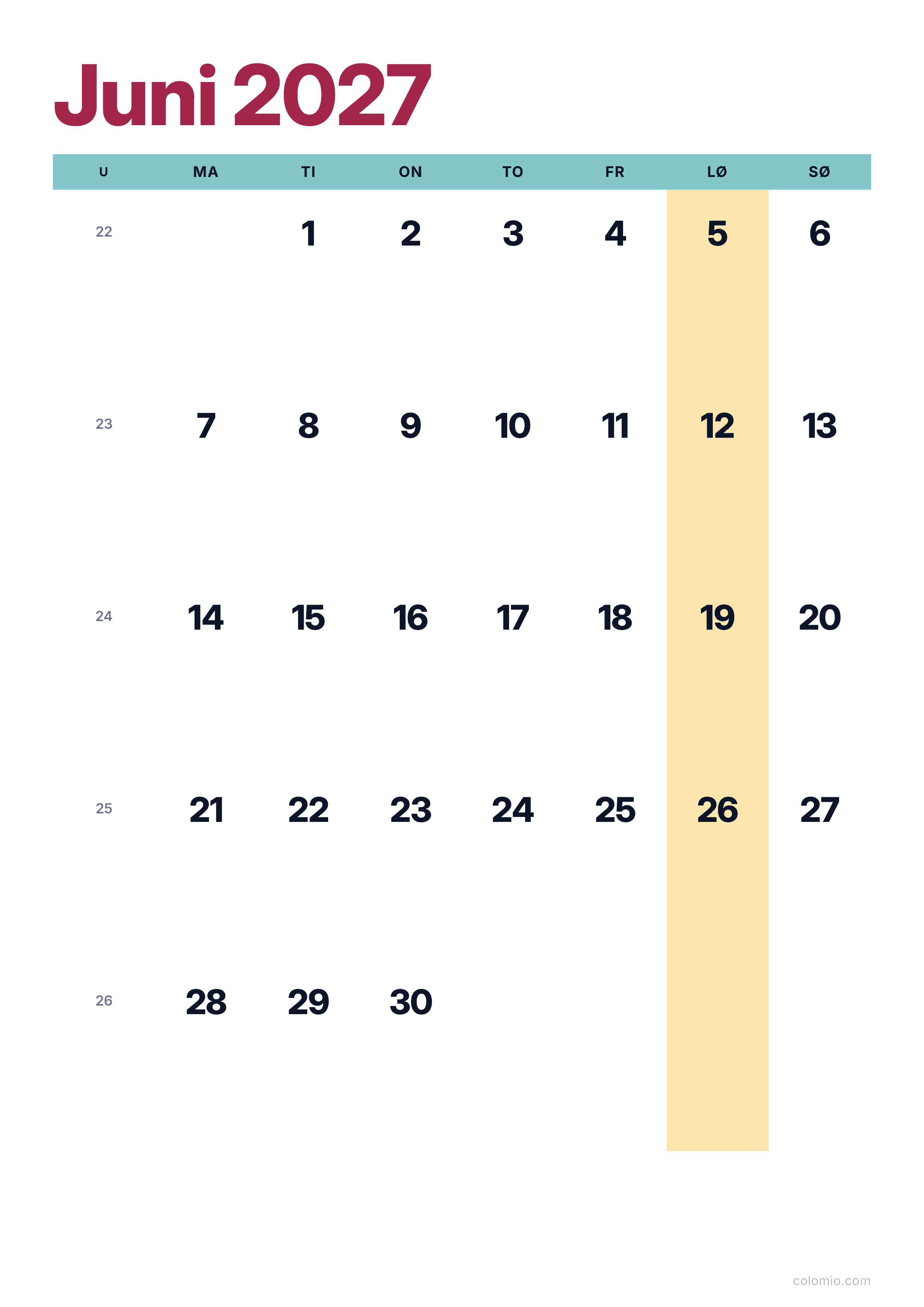 Kalender Juni 2027 farverig & moderne · stående, PDF til print
