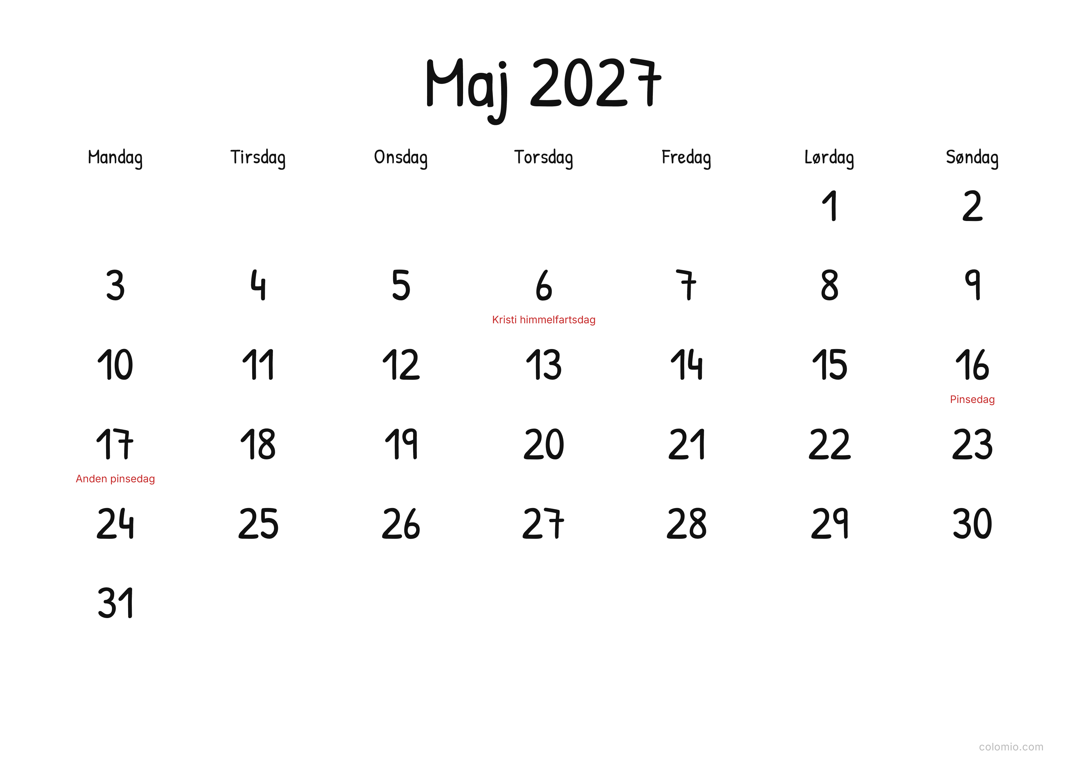 Kalender Maj 2027 display · liggende, PDF til print