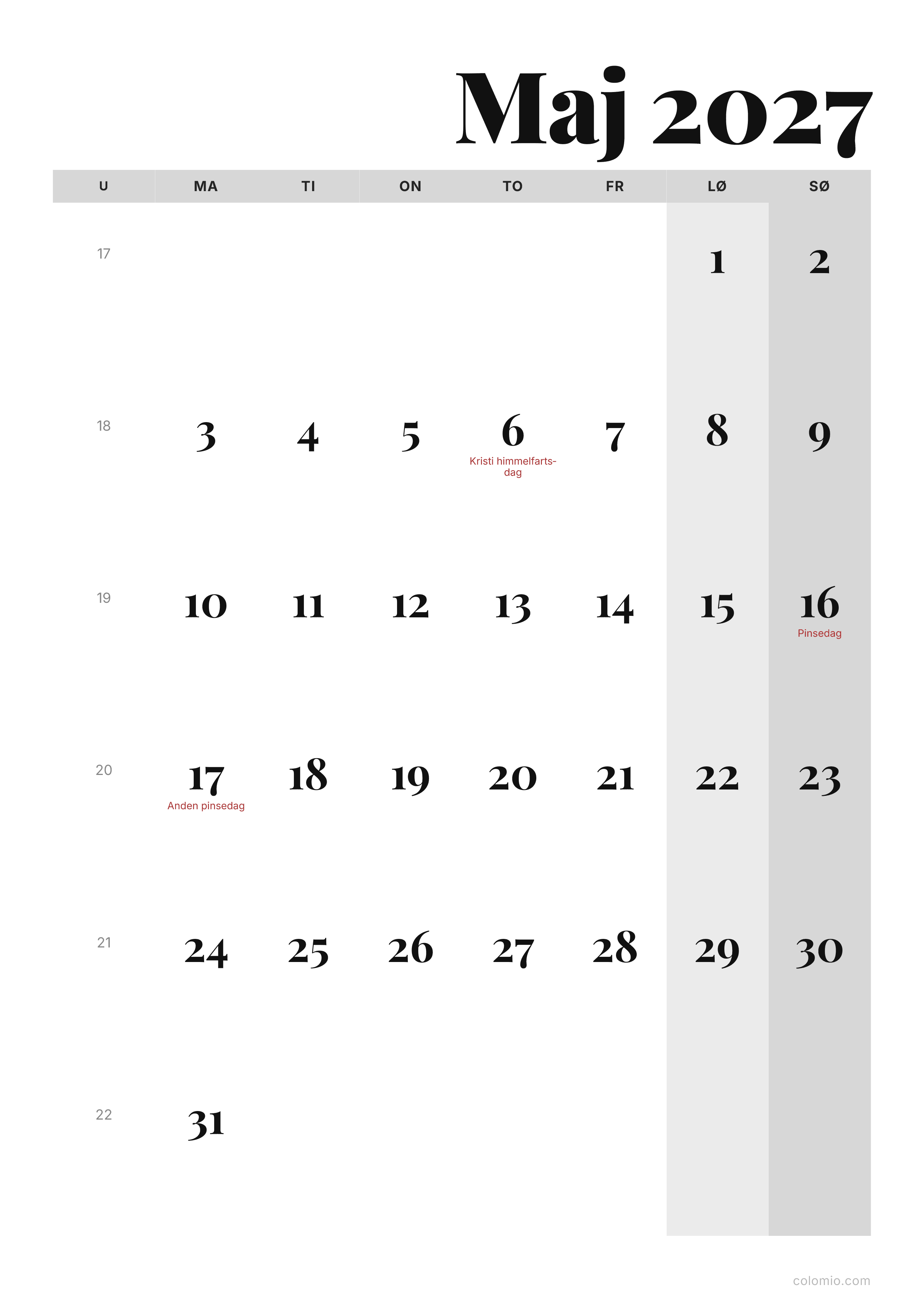 Kalender Maj 2027 editorial · stående, PDF til print