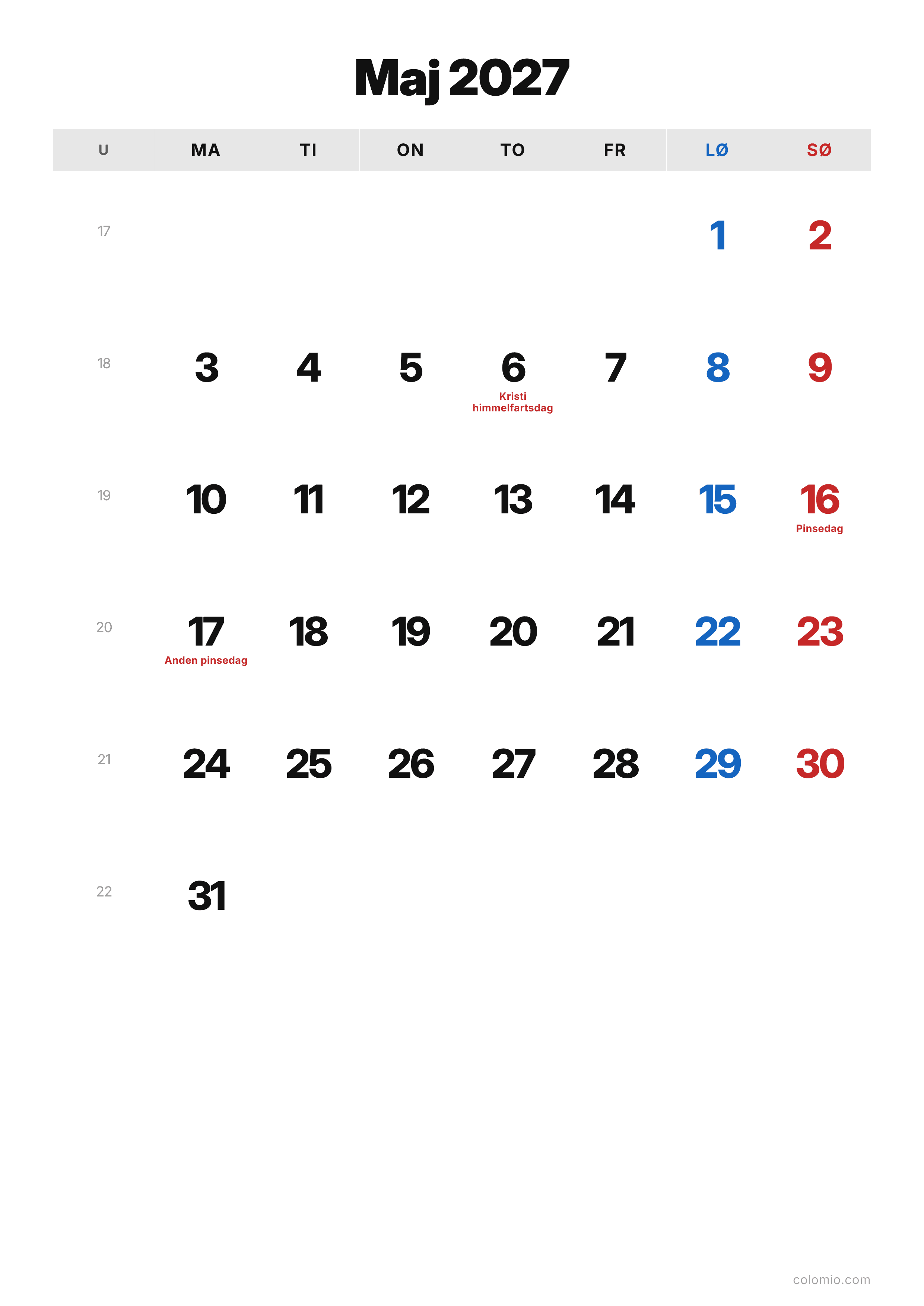 Kalender Maj 2027 klassisk · stående, PDF til print