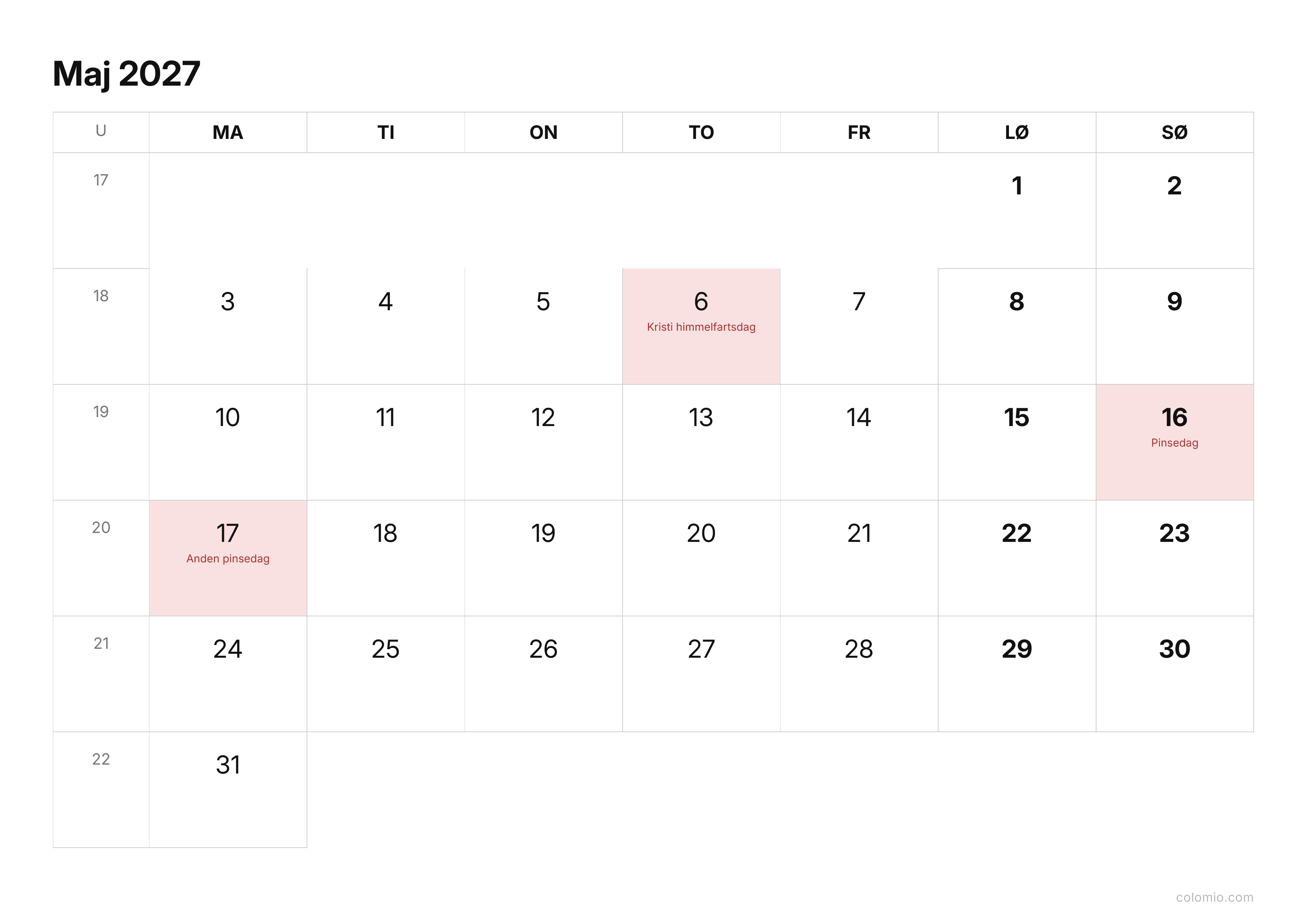 Kalender Maj 2027 enkel · liggende, PDF til print
