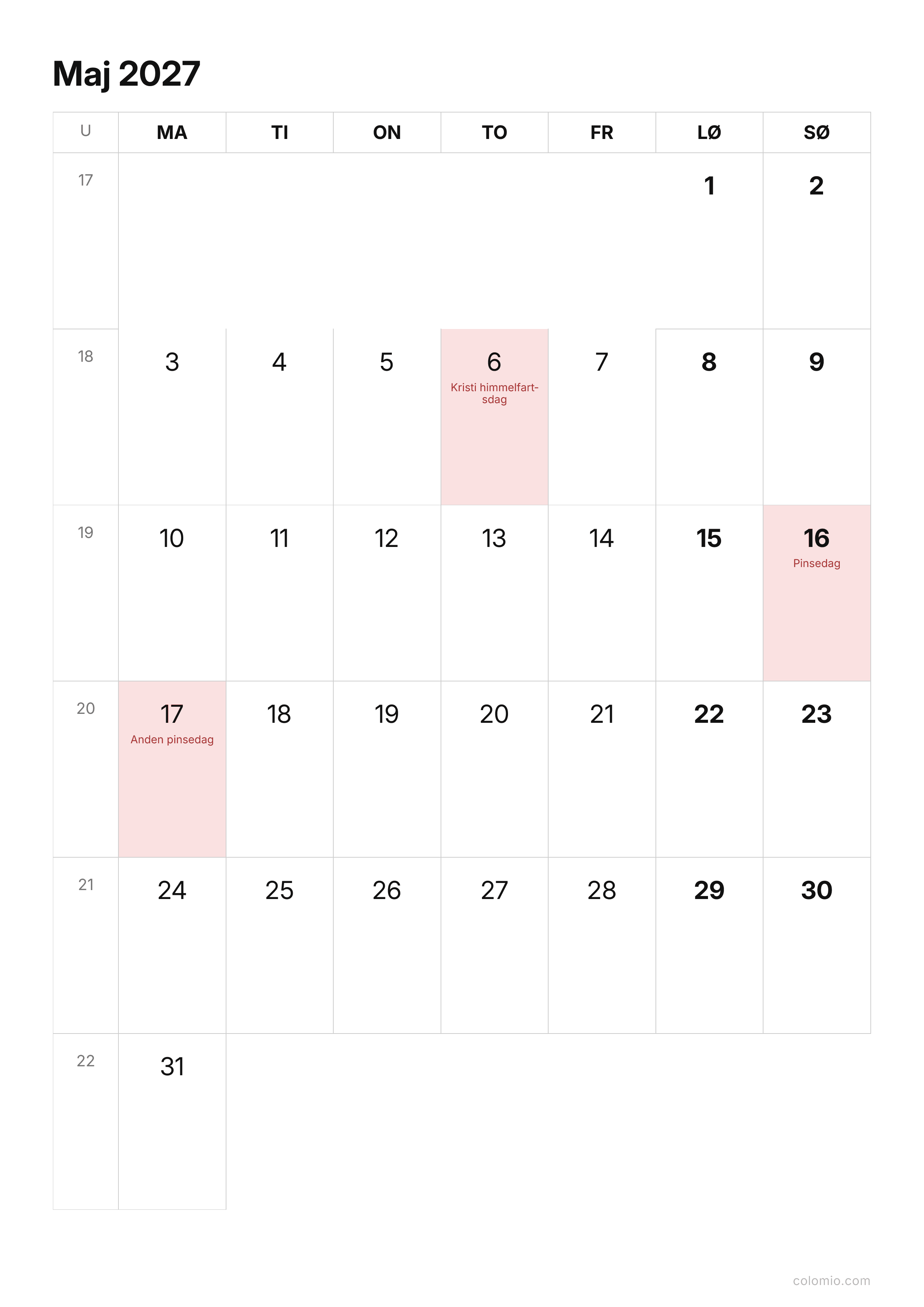 Kalender Maj 2027 enkel · stående, PDF til print