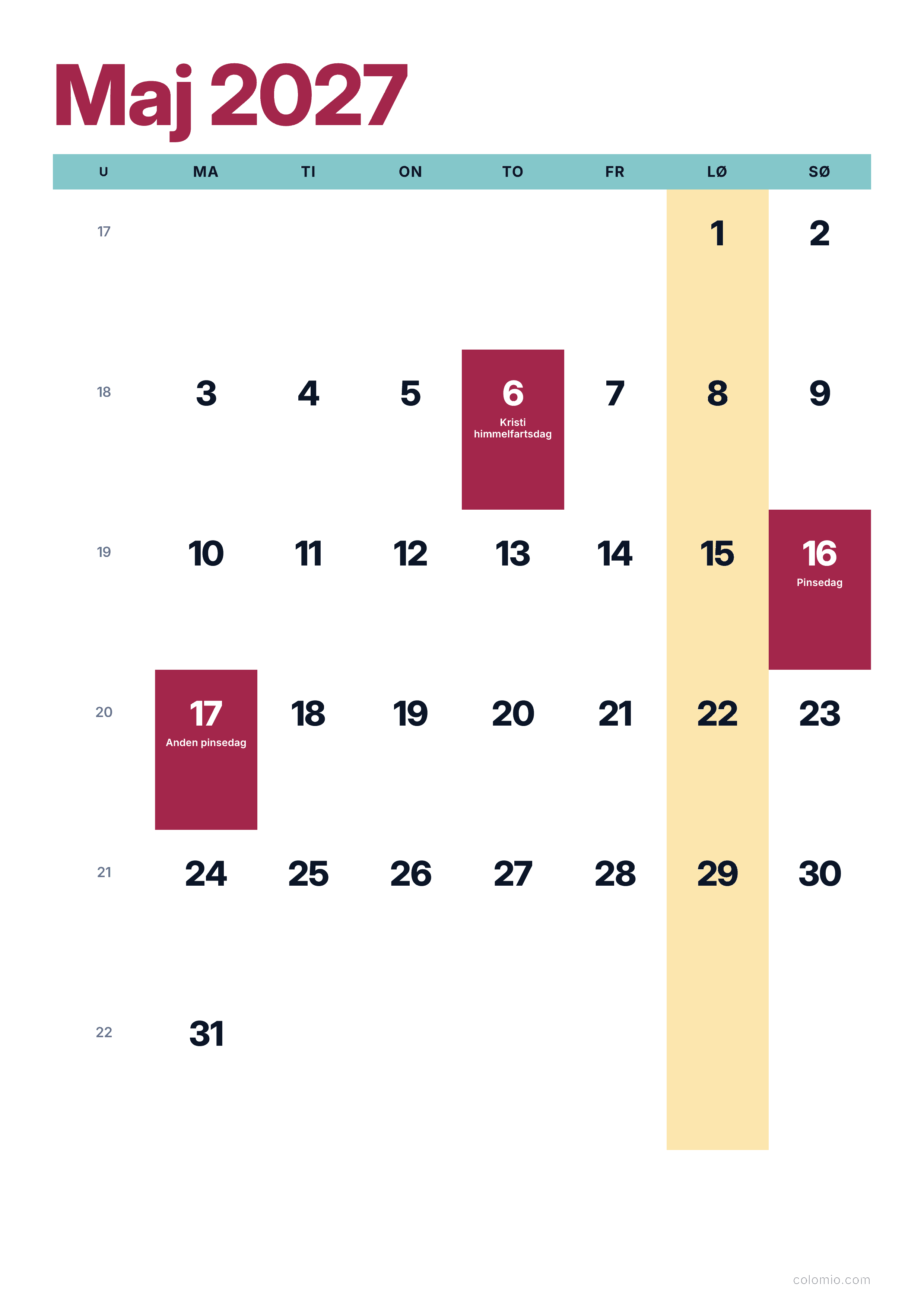 Kalender Maj 2027 farverig & moderne · stående, PDF til print