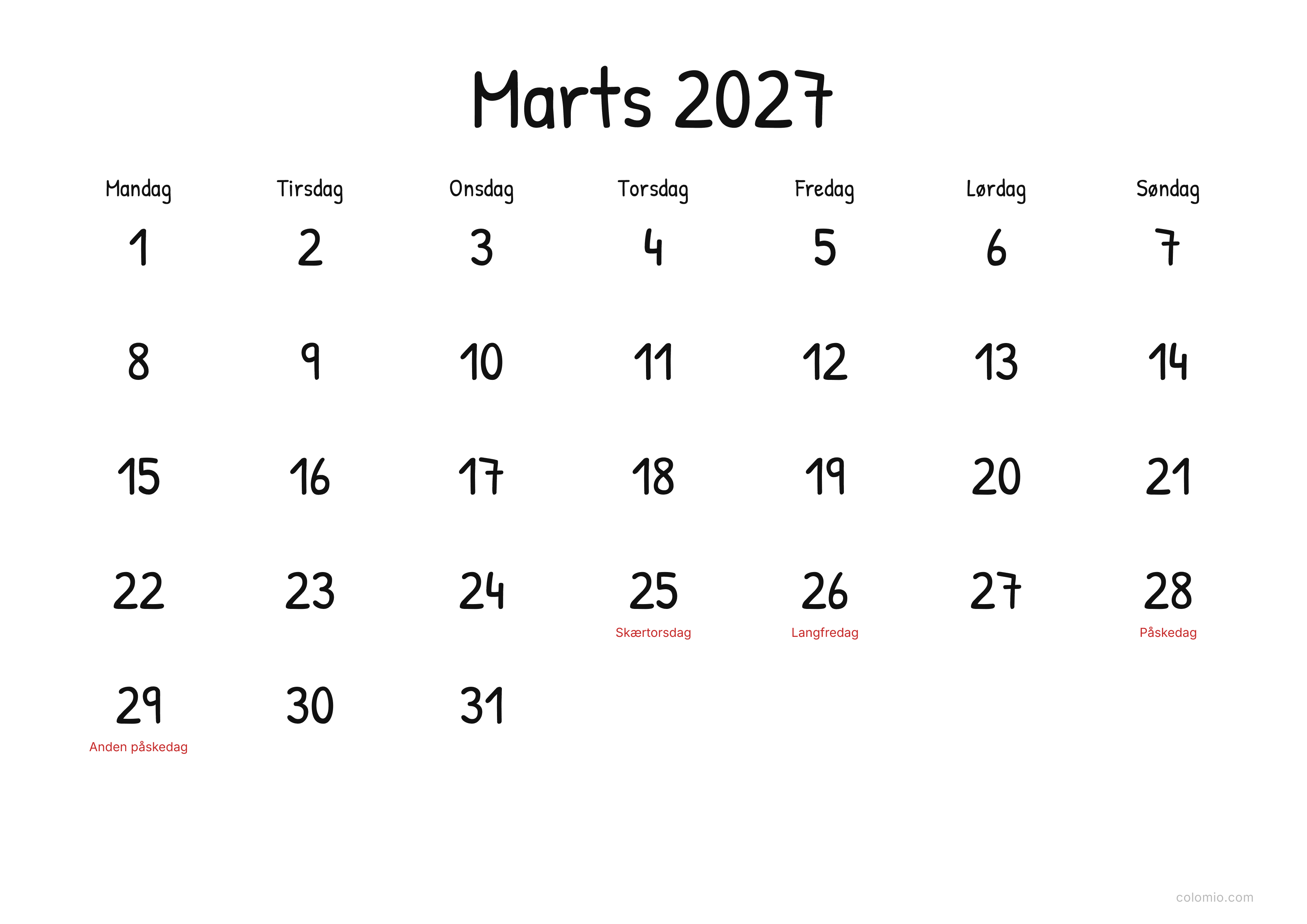Kalender Marts 2027 display · liggende, PDF til print