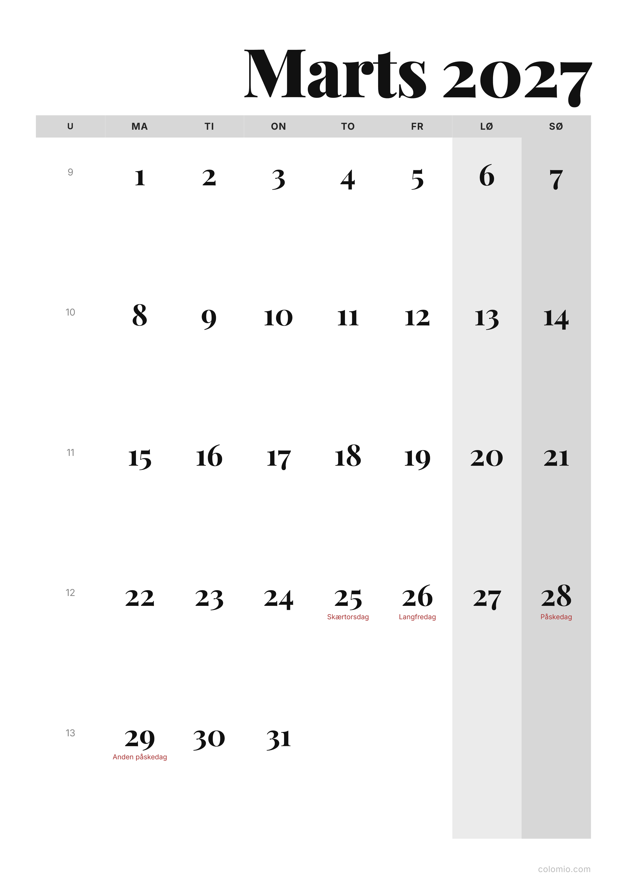 Kalender Marts 2027 editorial · stående, PDF til print