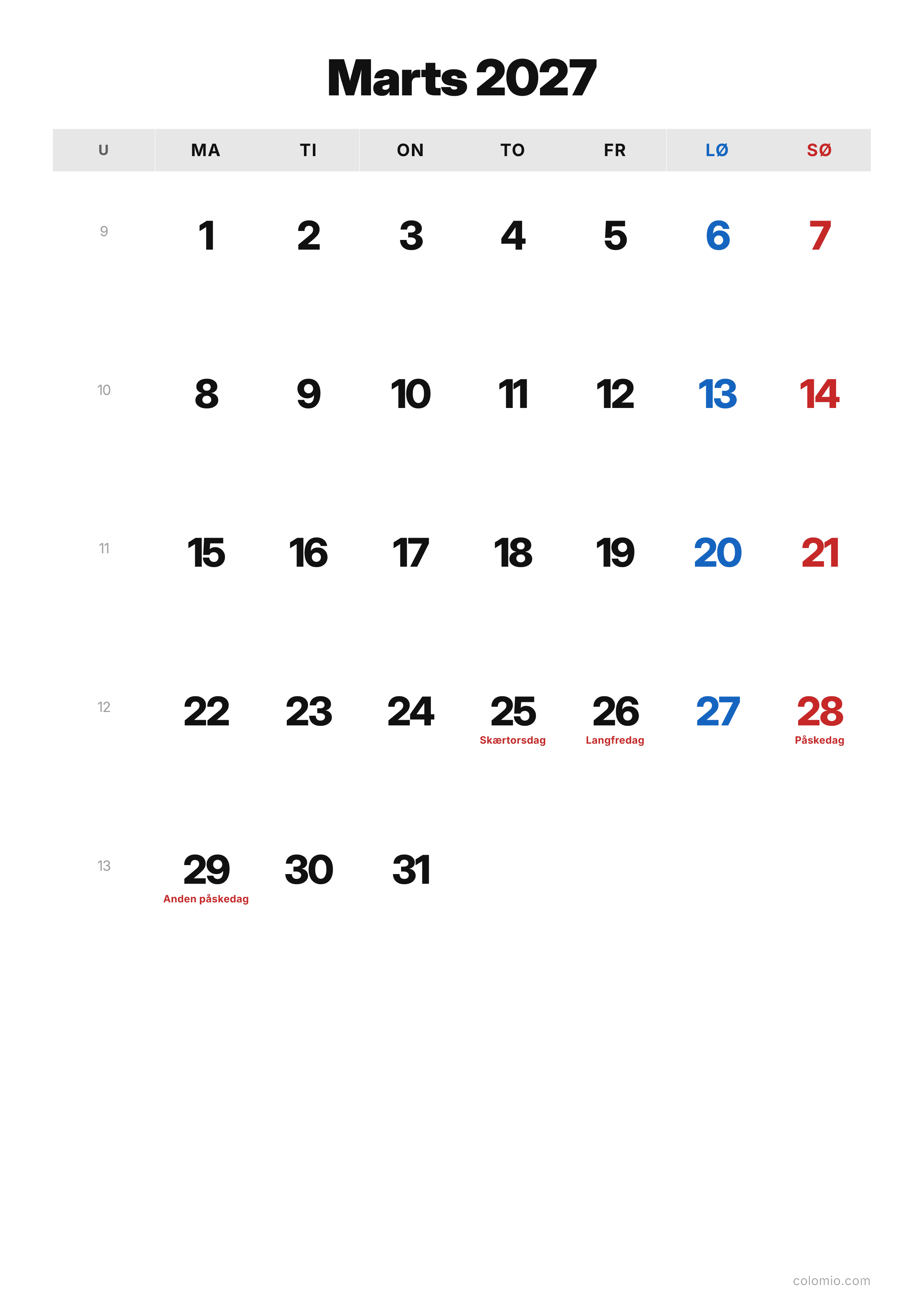 Kalender Marts 2027 klassisk · stående, PDF til print