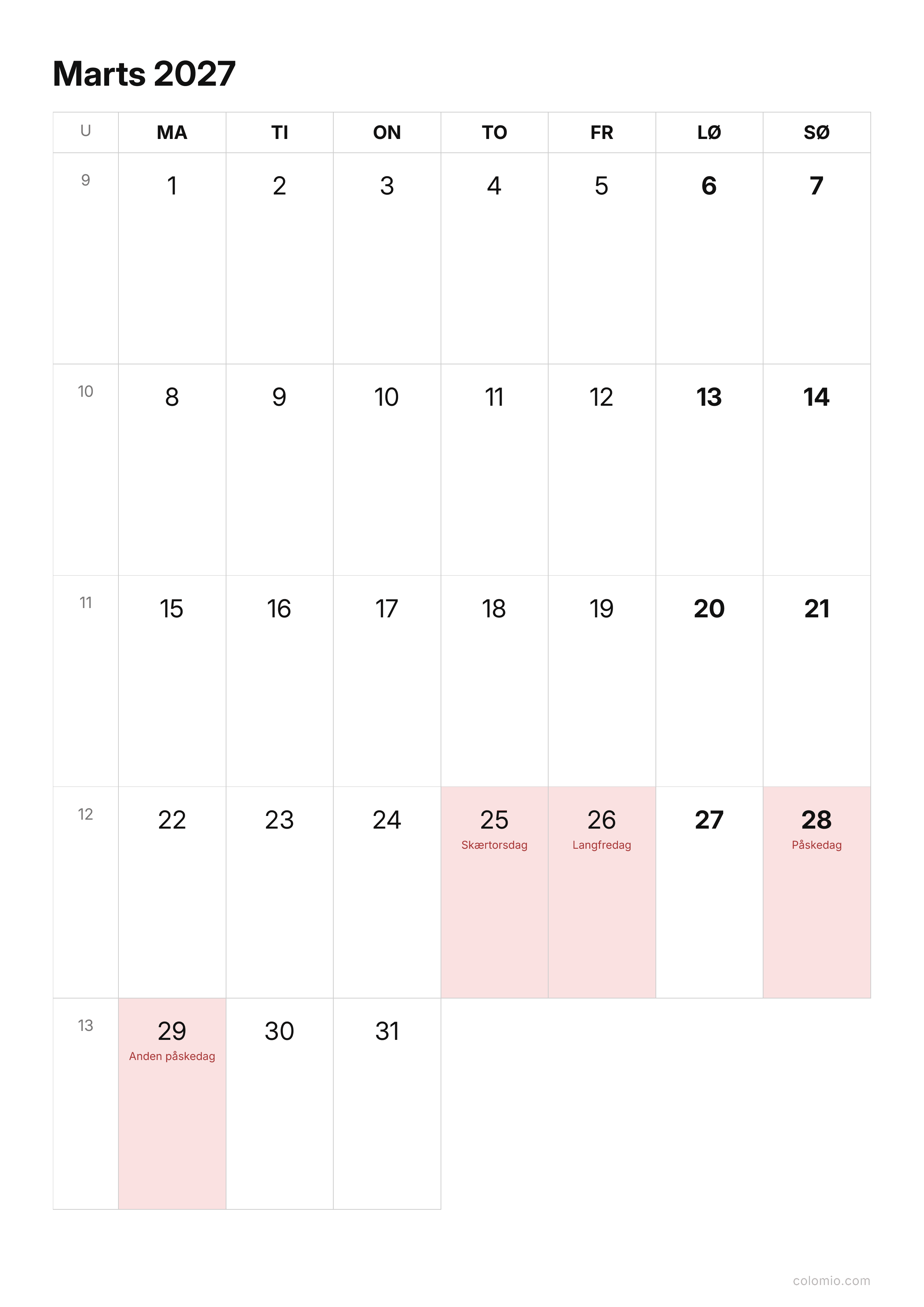 Kalender Marts 2027 enkel · stående, PDF til print