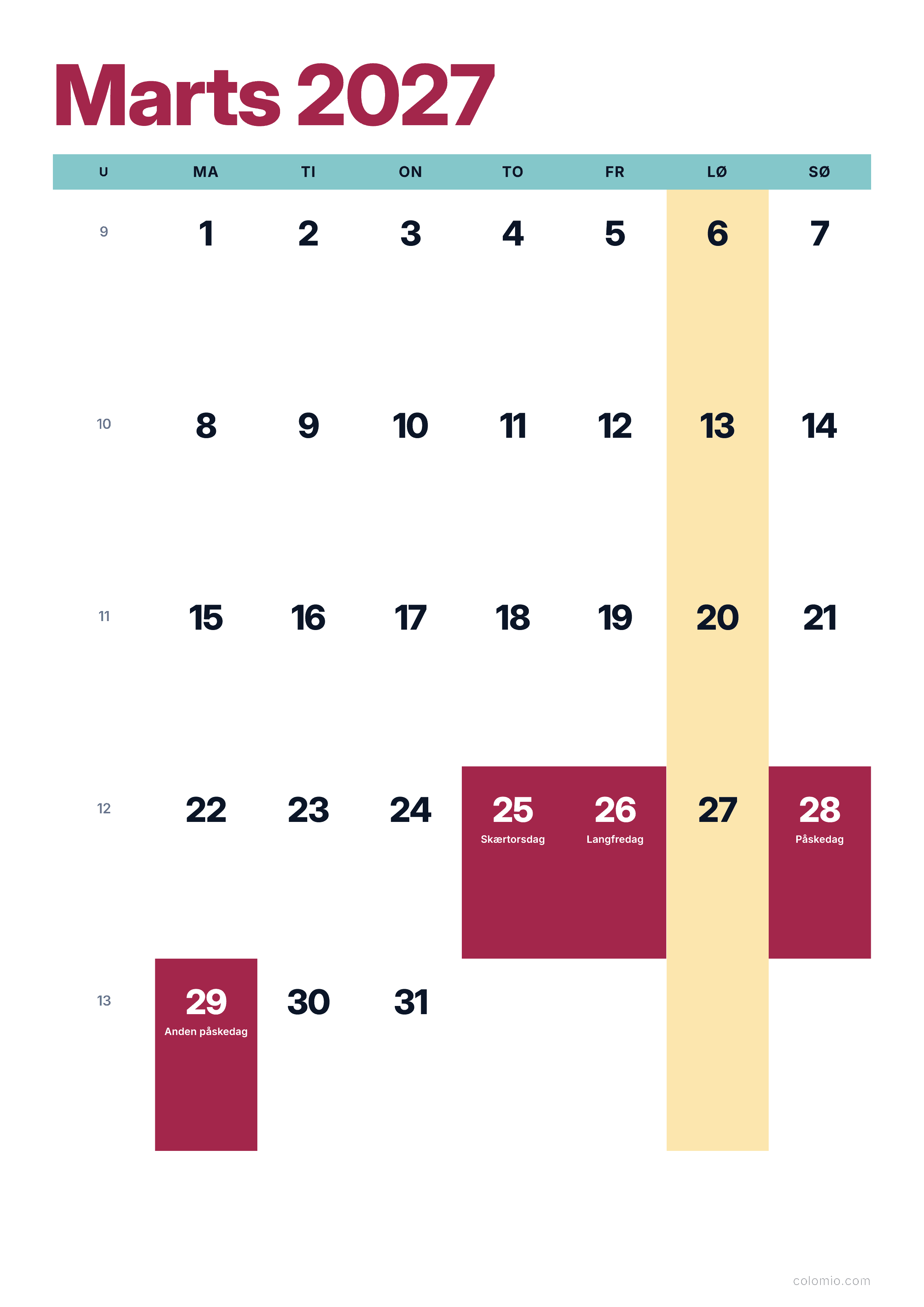 Kalender Marts 2027 farverig & moderne · stående, PDF til print