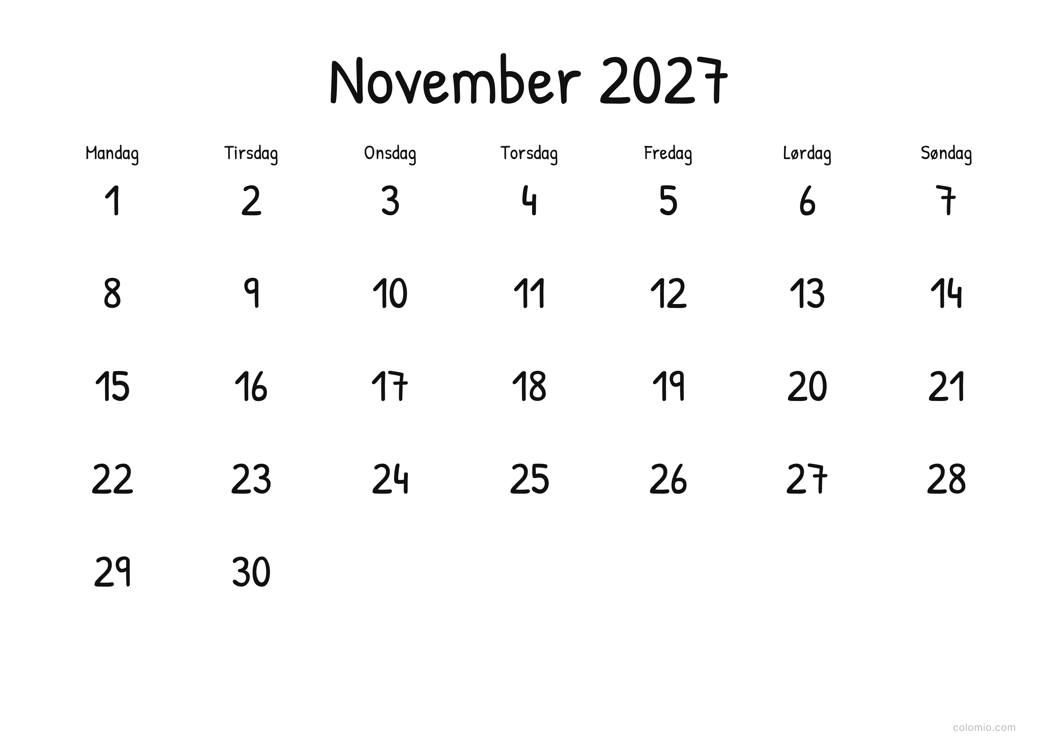 Kalender November 2027 display · liggende, PDF til print