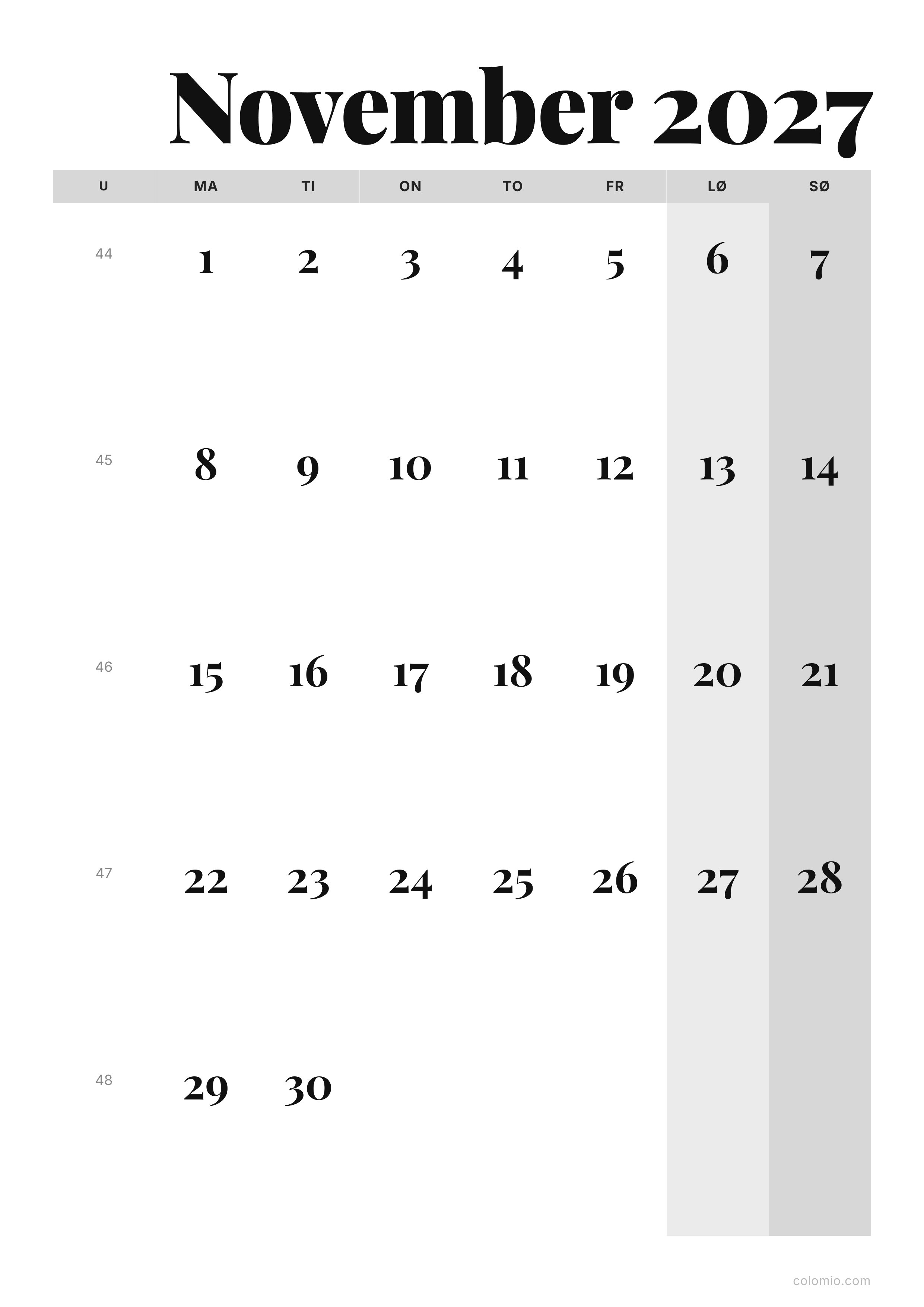 Kalender November 2027 editorial · stående, PDF til print