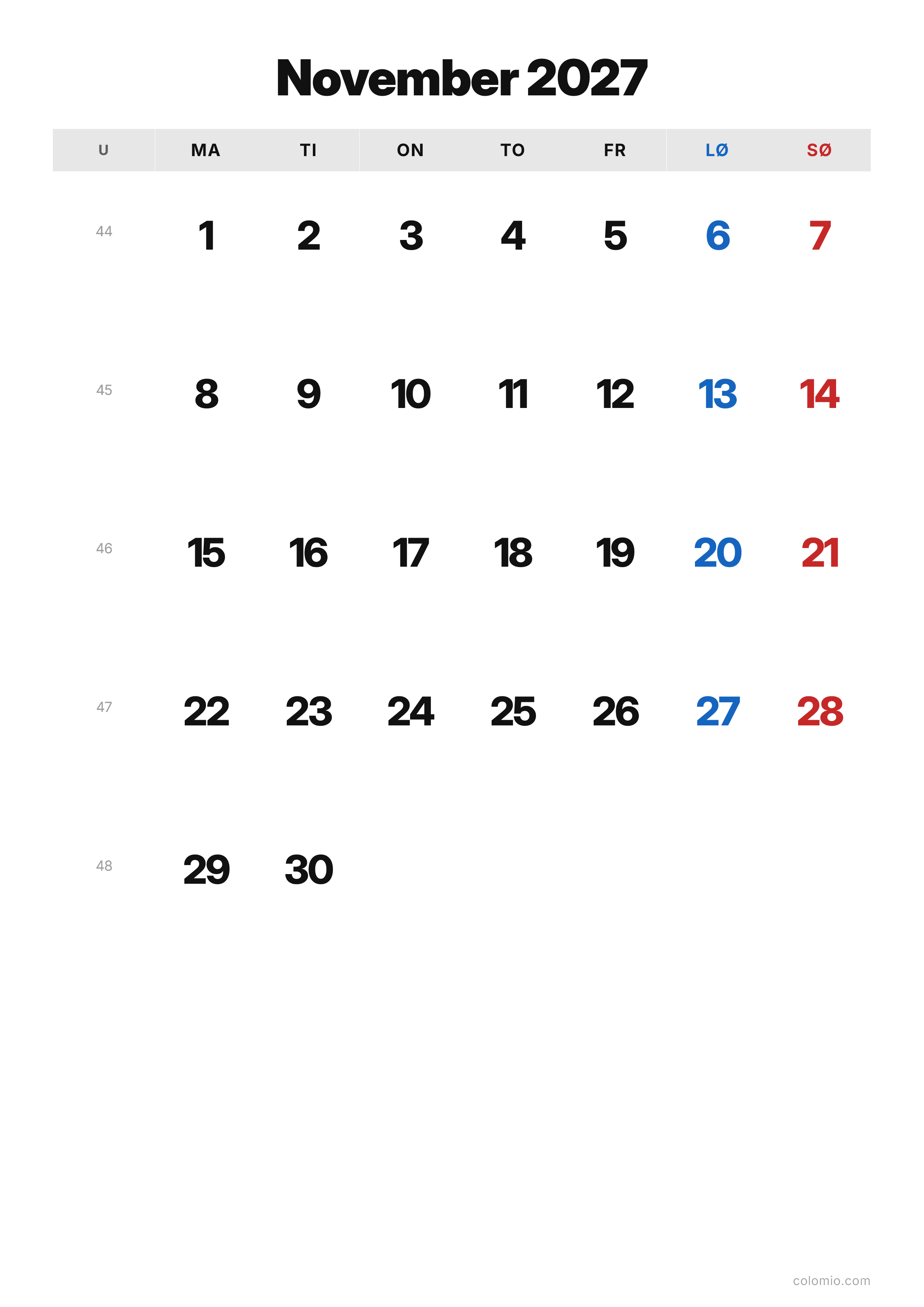 Kalender November 2027 klassisk · stående, PDF til print