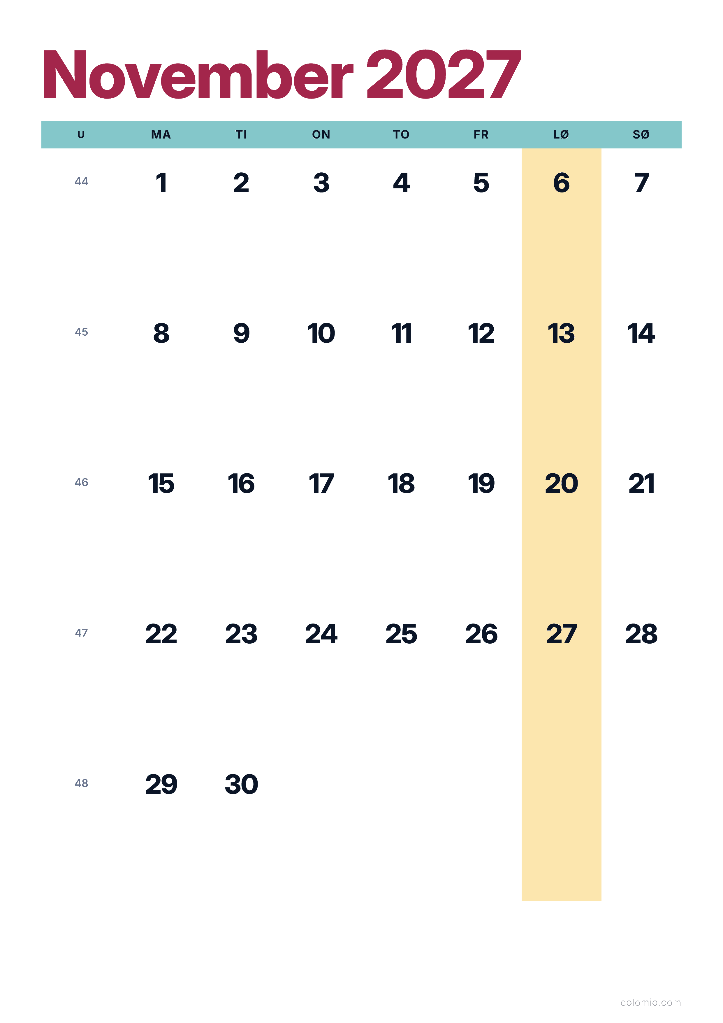 Kalender November 2027 farverig & moderne · stående, PDF til print