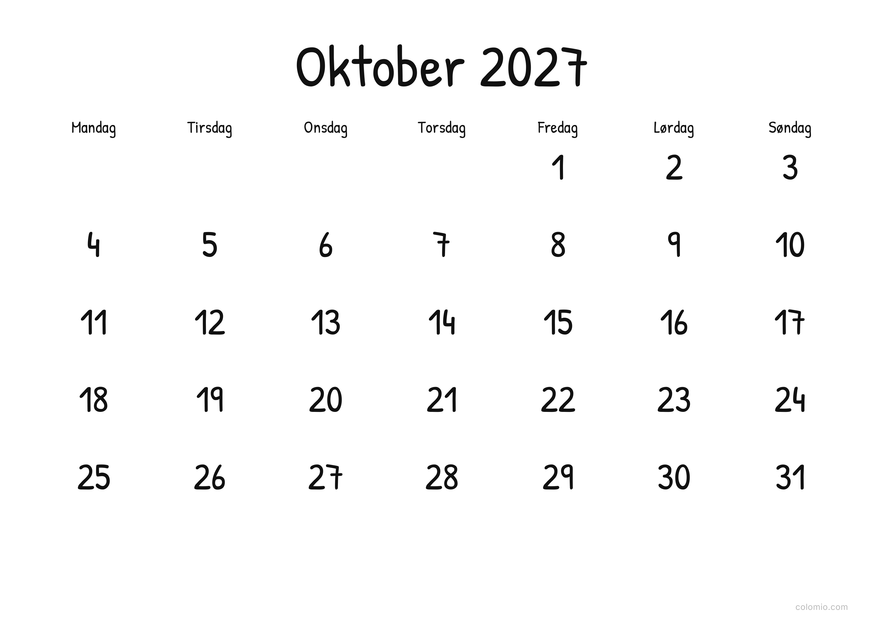 Kalender Oktober 2027 display · liggende, PDF til print