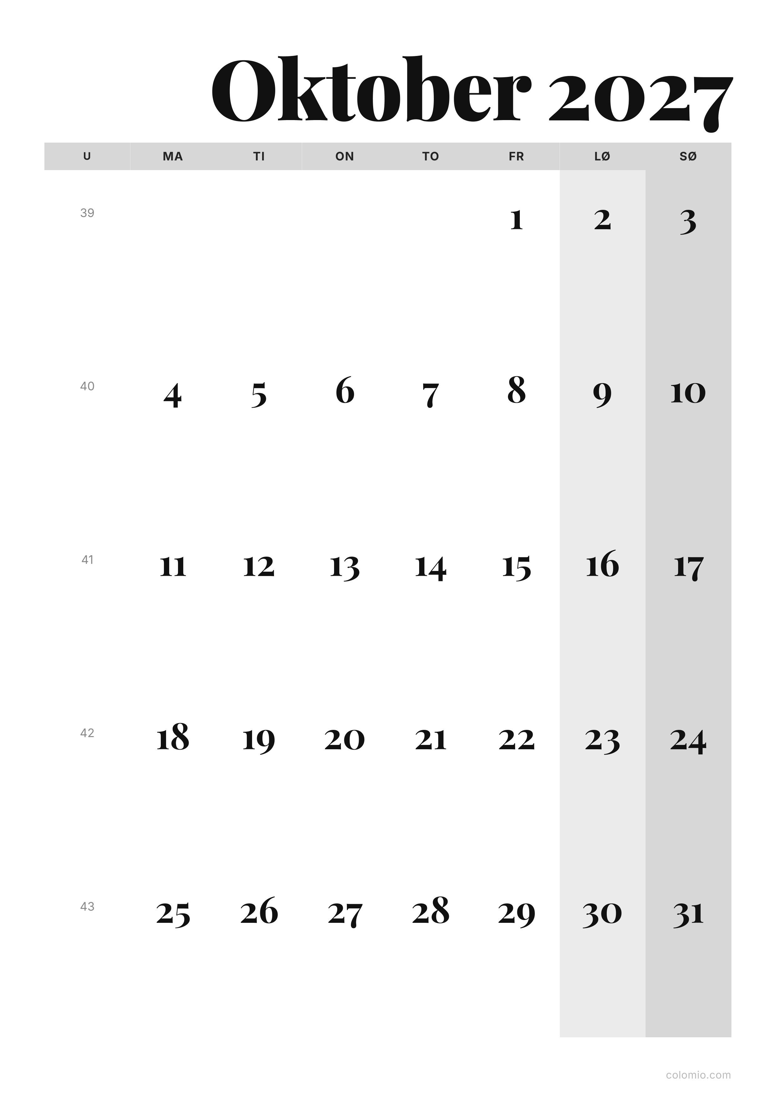 Kalender Oktober 2027 editorial · stående, PDF til print