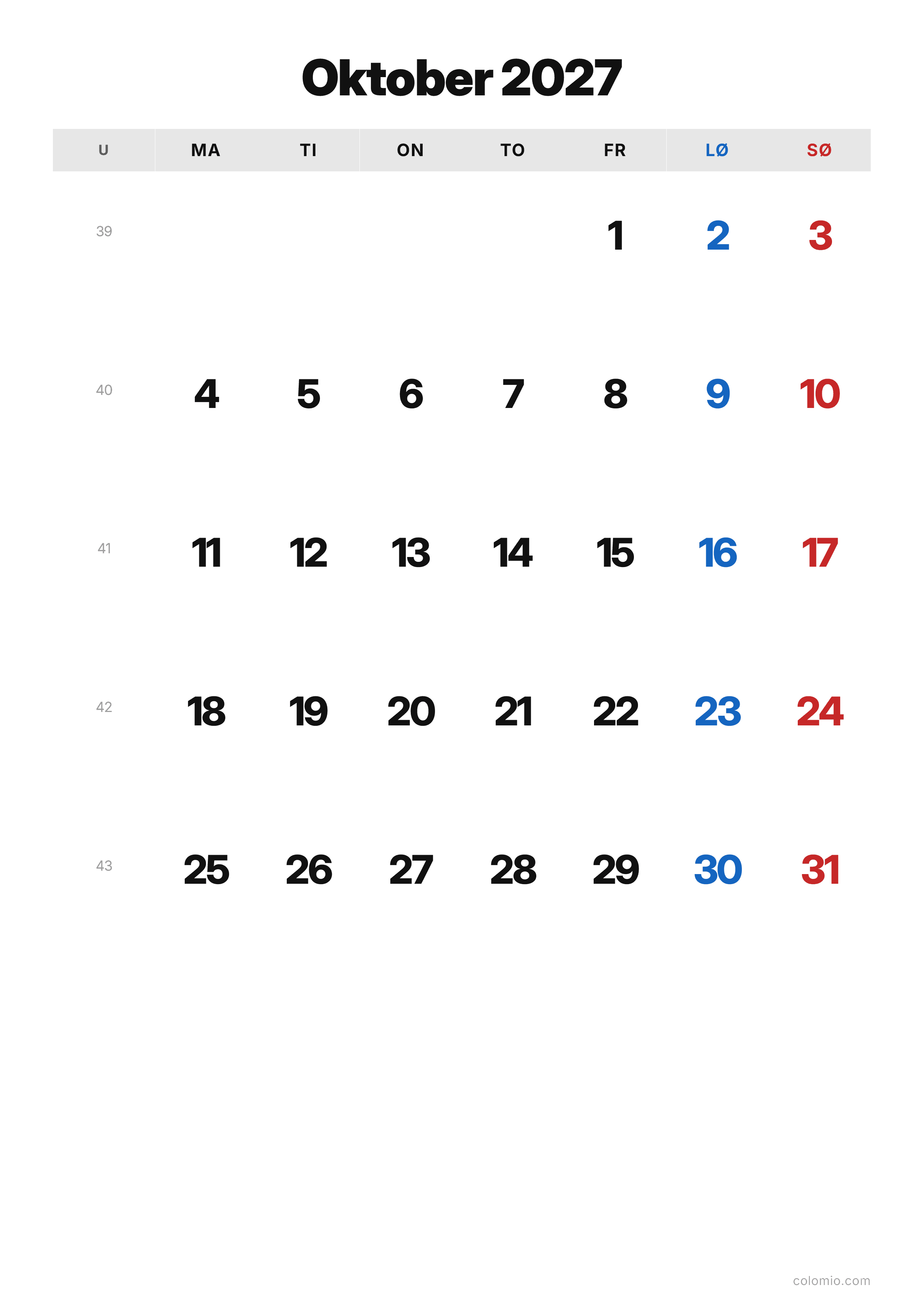 Kalender Oktober 2027 klassisk · stående, PDF til print