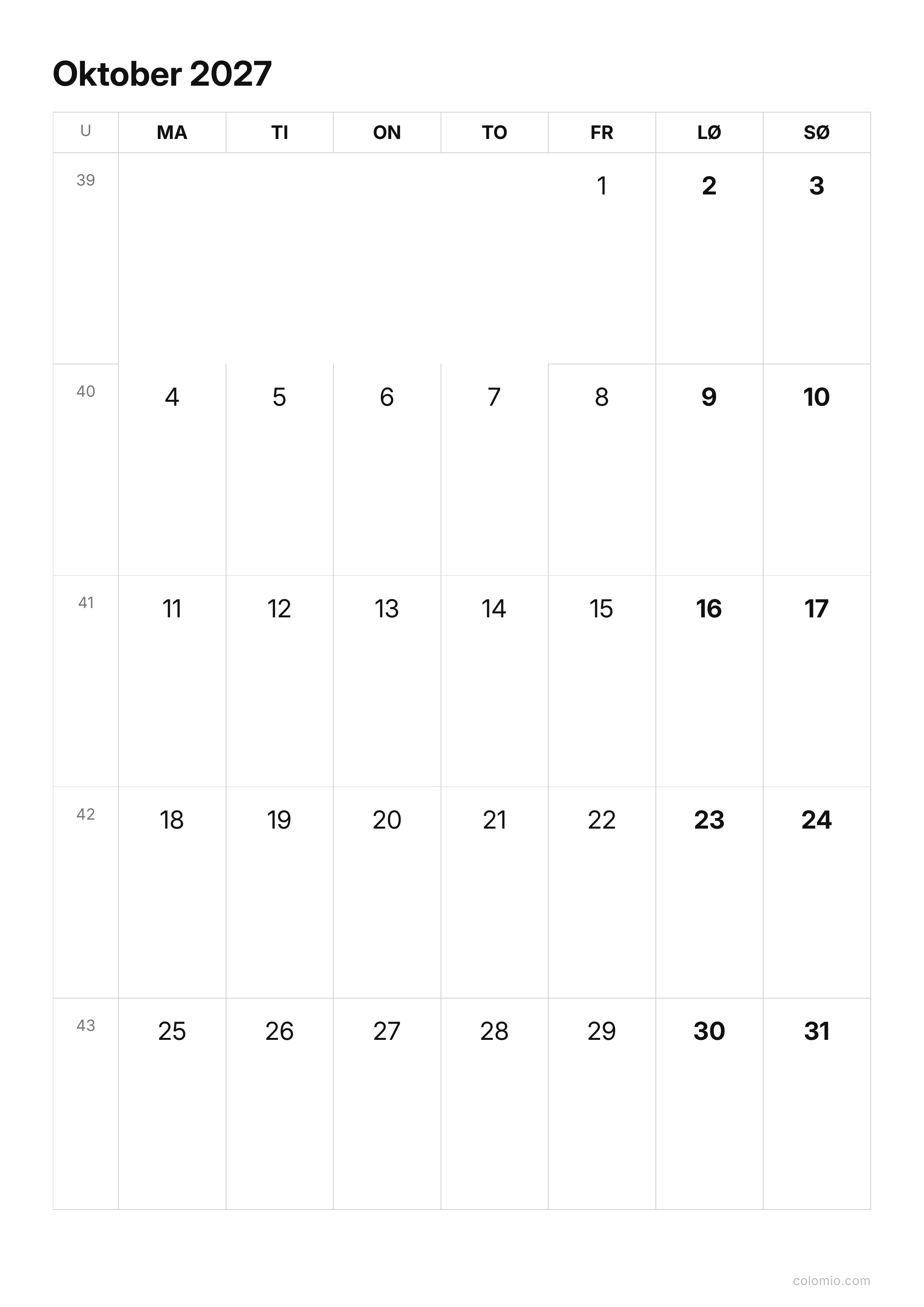 Kalender Oktober 2027 enkel · stående, PDF til print