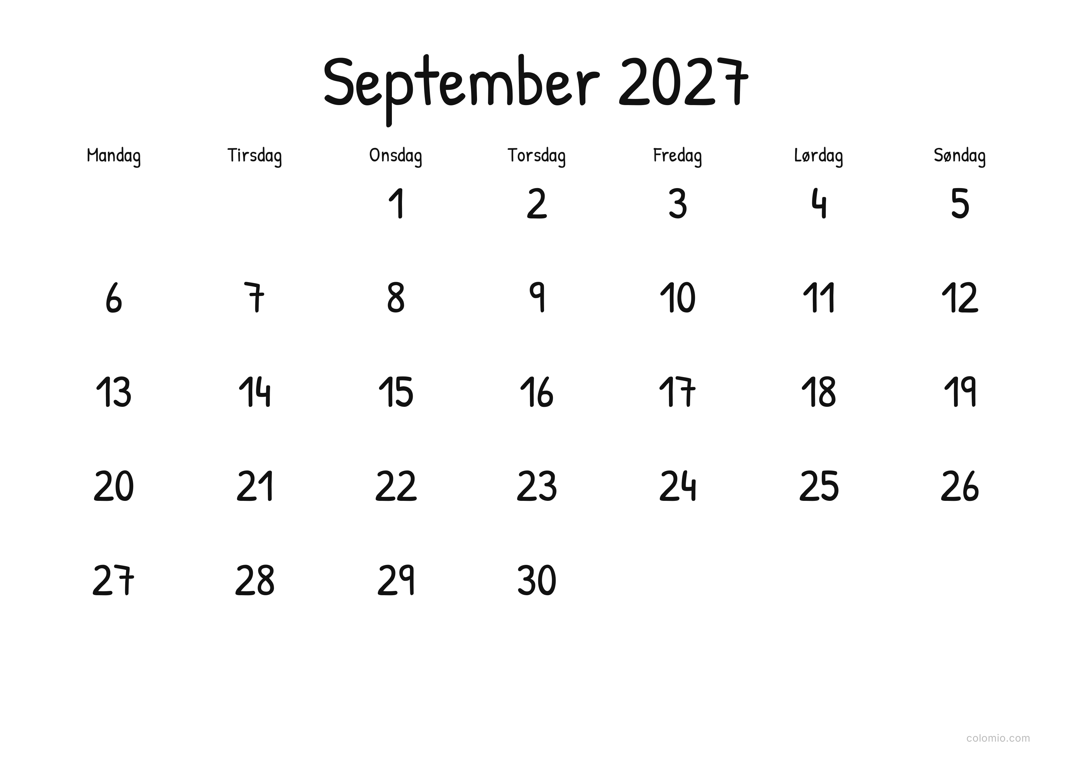 Kalender September 2027 display · liggende, PDF til print