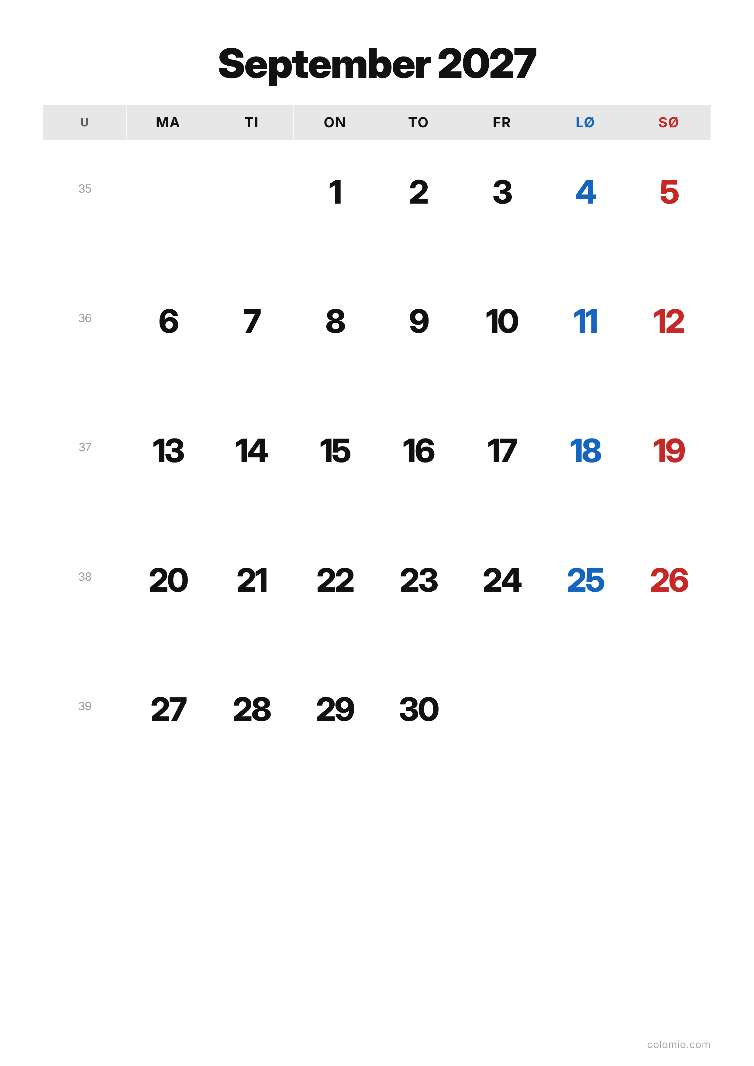 Kalender September 2027 klassisk · stående, PDF til print