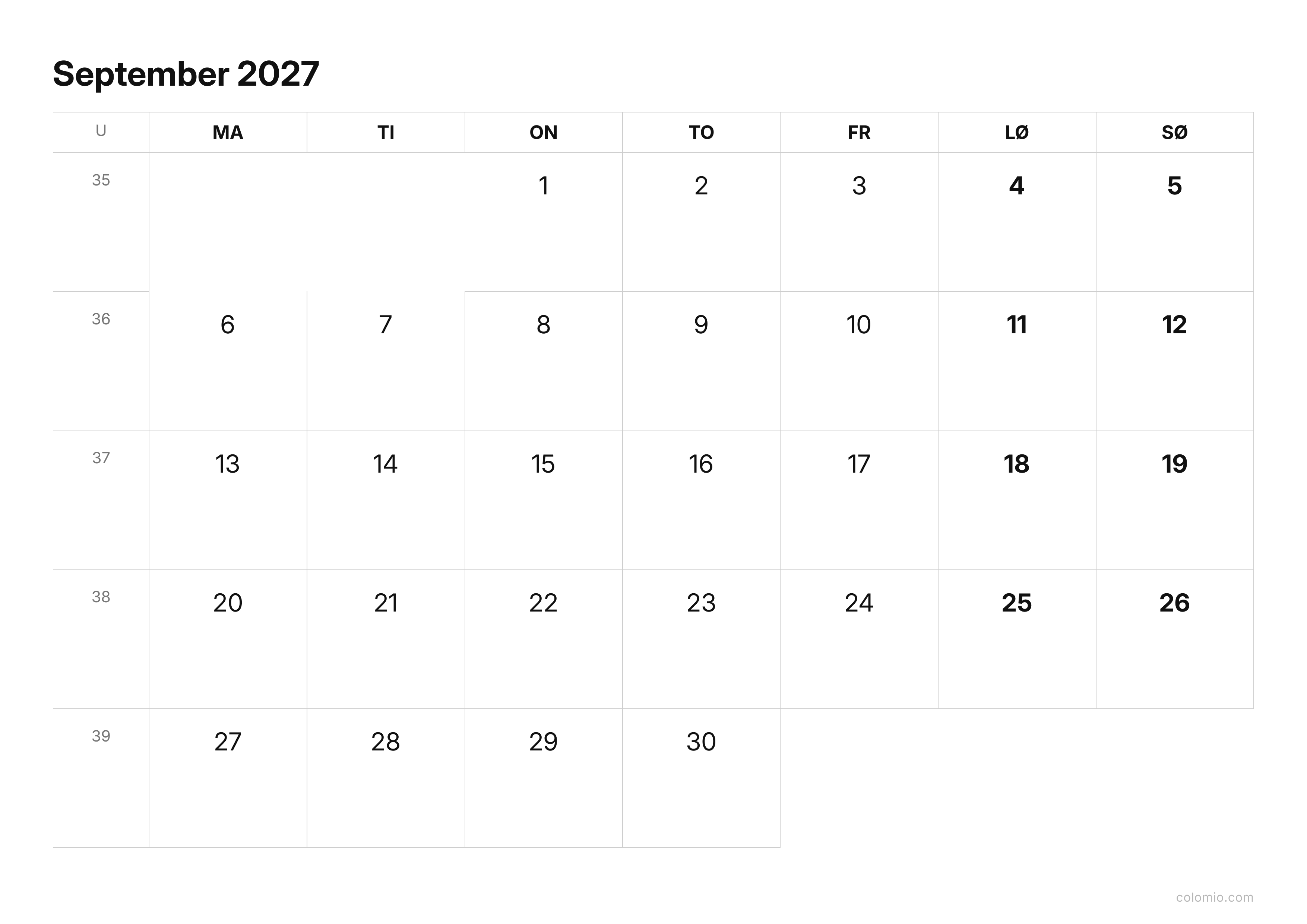 Kalender September 2027 enkel · liggende, PDF til print