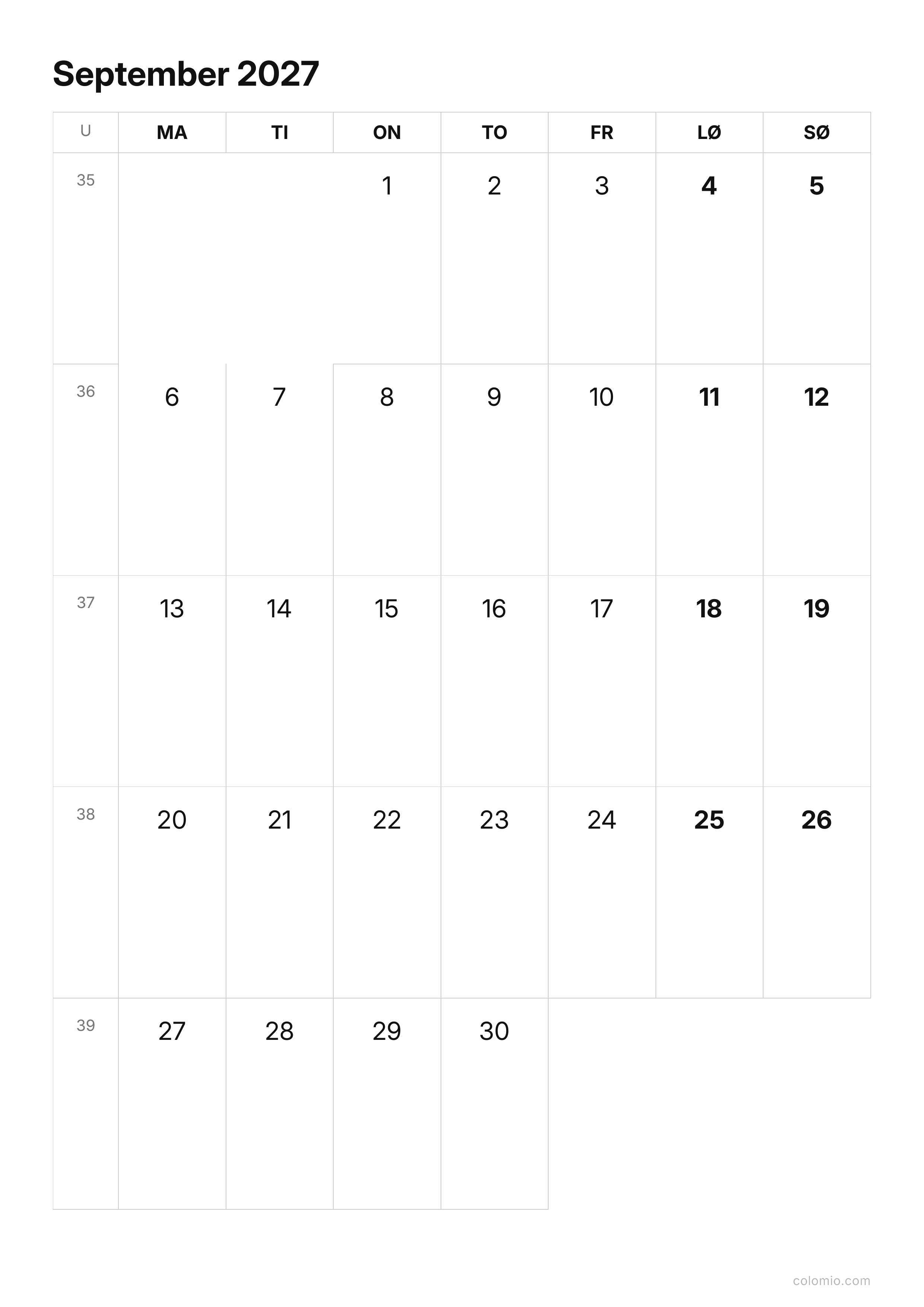 Kalender September 2027 enkel · stående, PDF til print