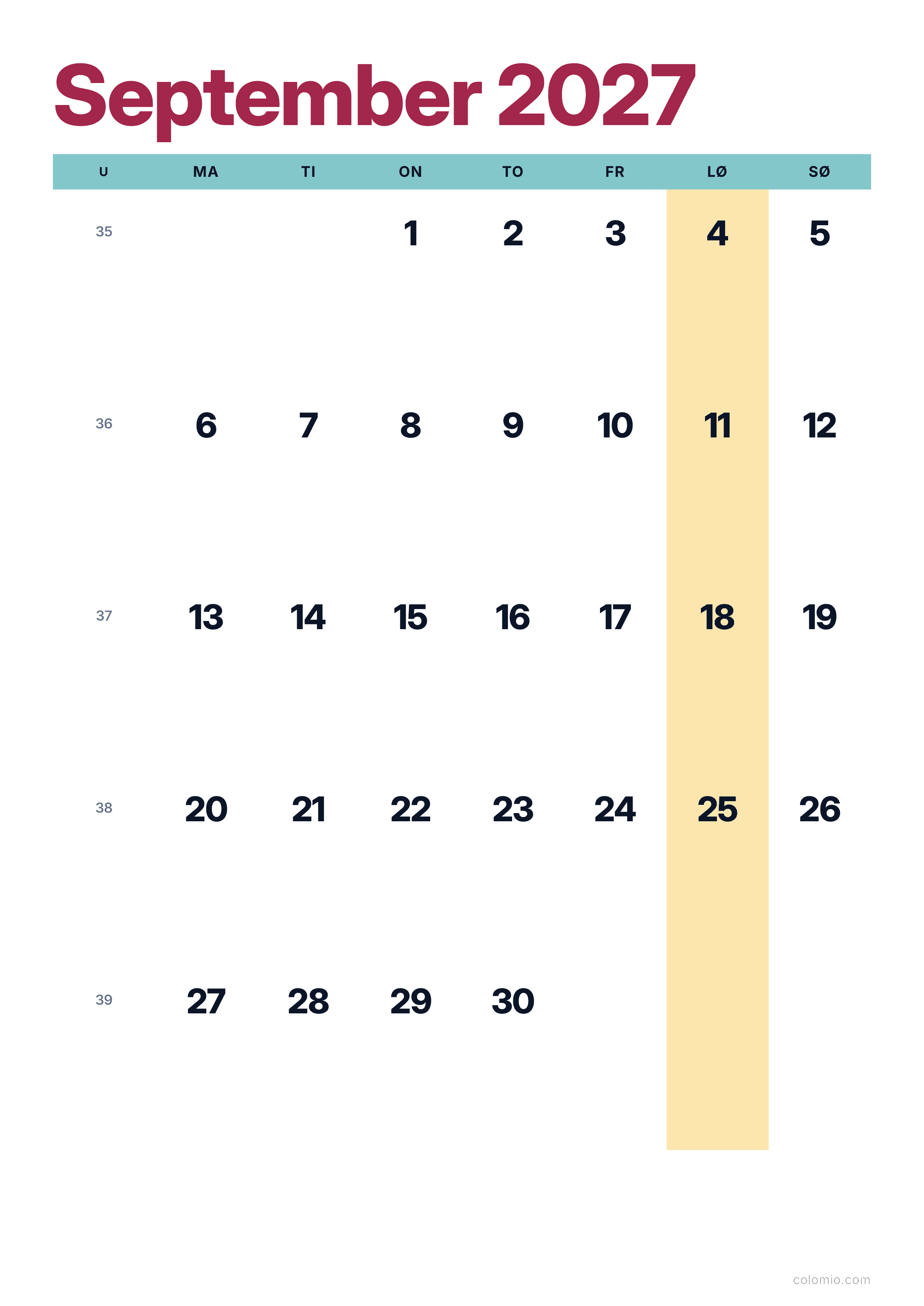 Kalender September 2027 farverig & moderne · stående, PDF til print