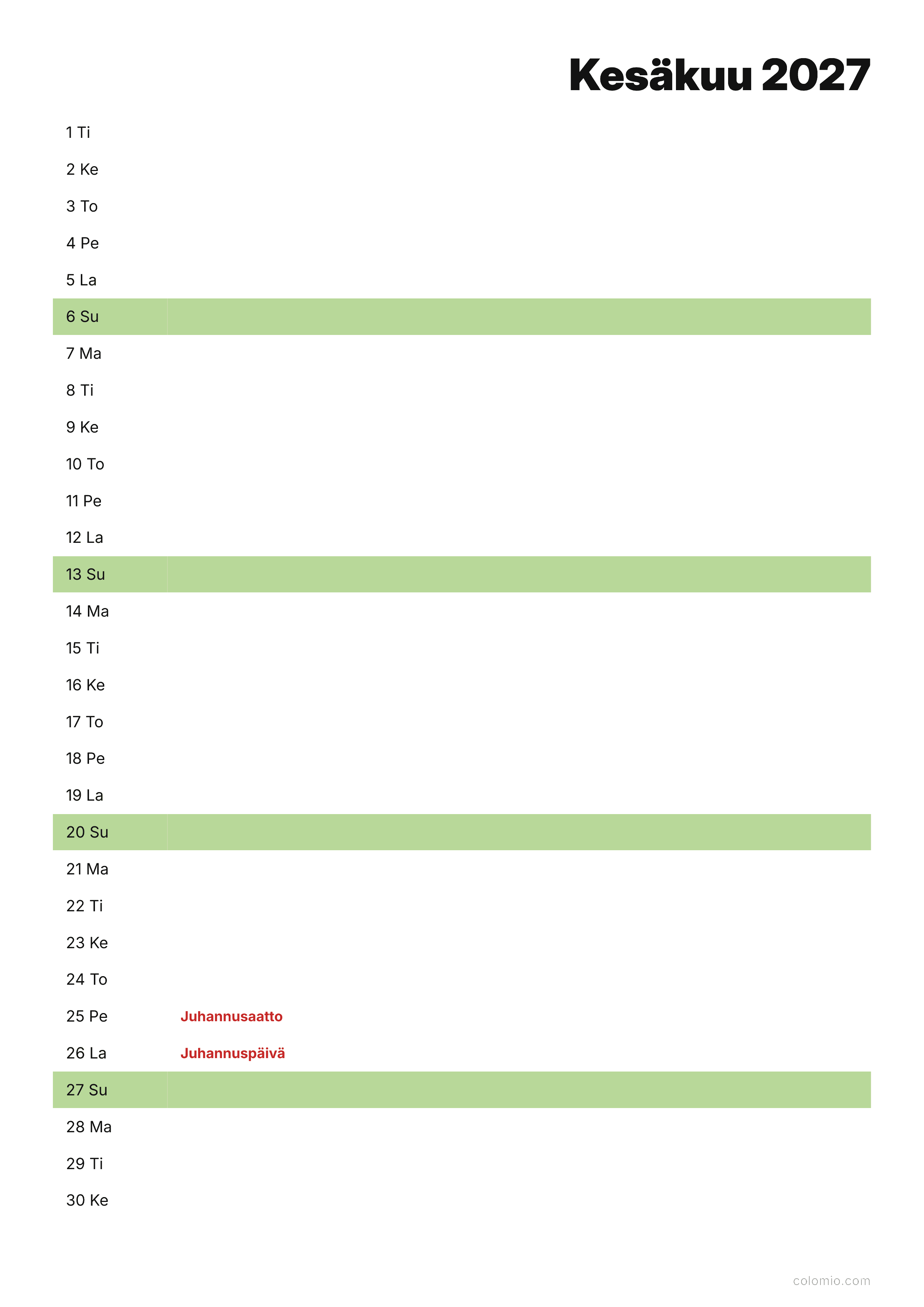 Kalenteri Kesäkuu 2027 agenda · pysty, PDF tulostettavaksi
