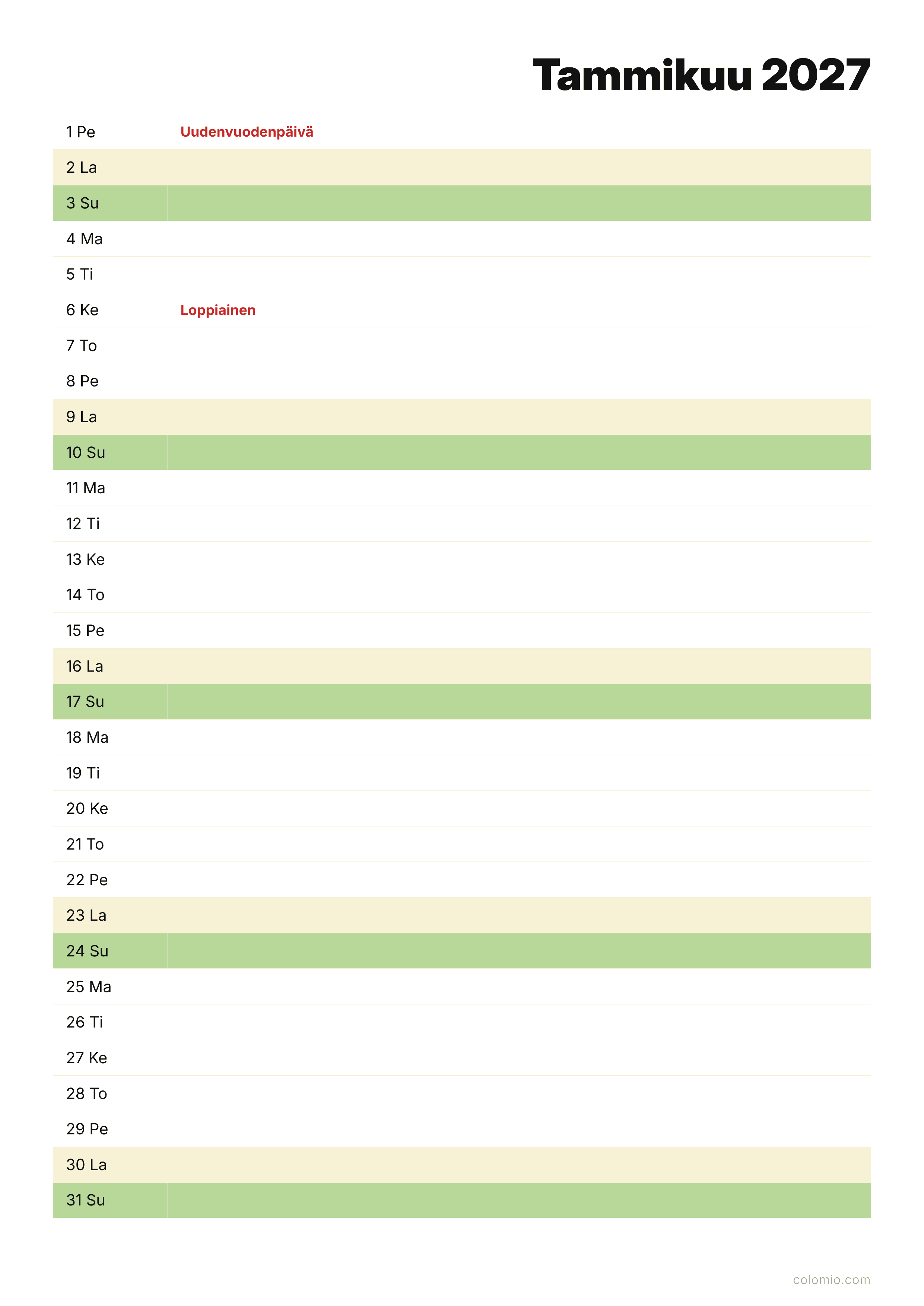 Kalenteri Tammikuu 2027 agenda · pysty, PDF tulostettavaksi