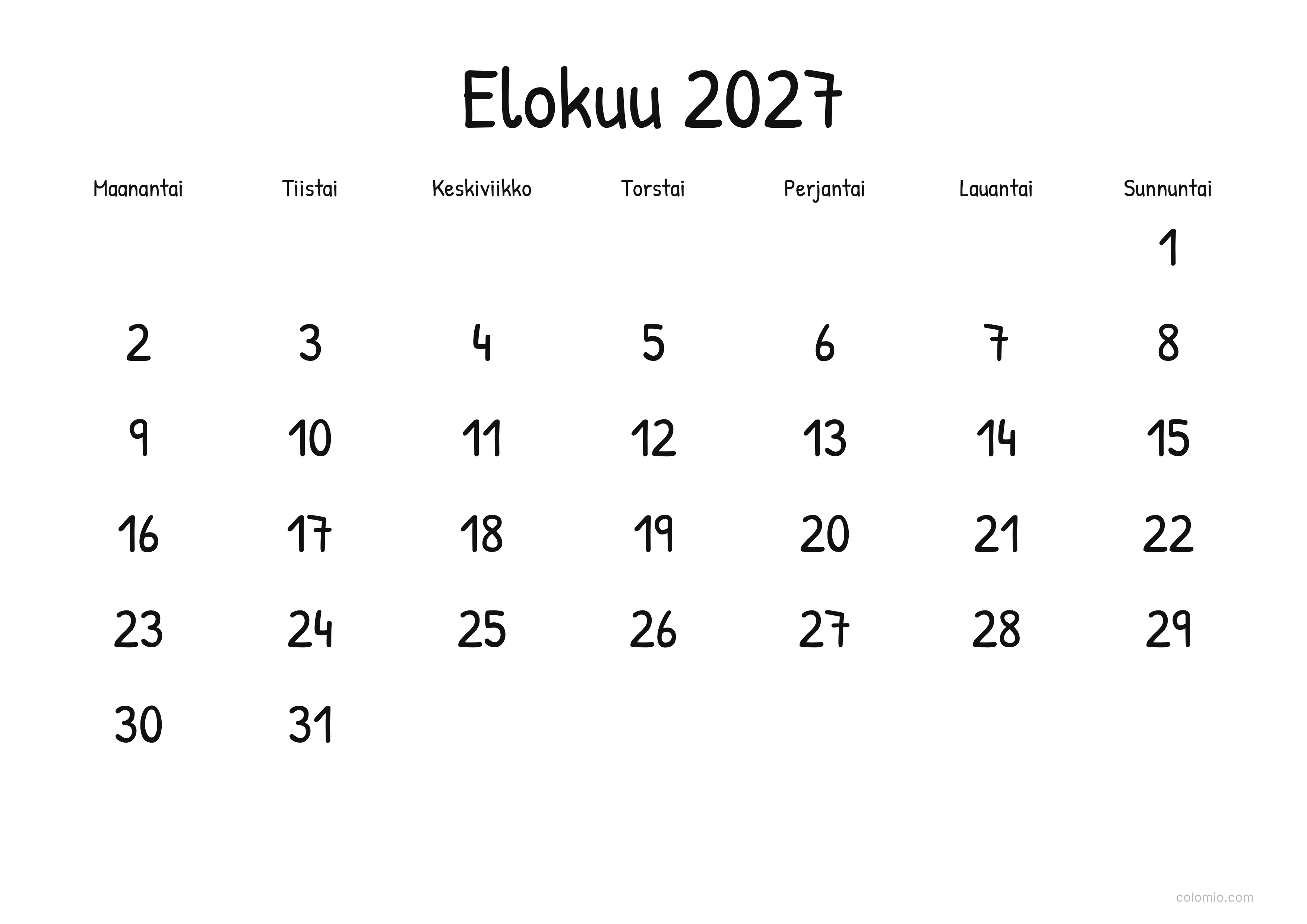 Kalenteri Elokuu 2027 display · vaaka, PDF tulostettavaksi