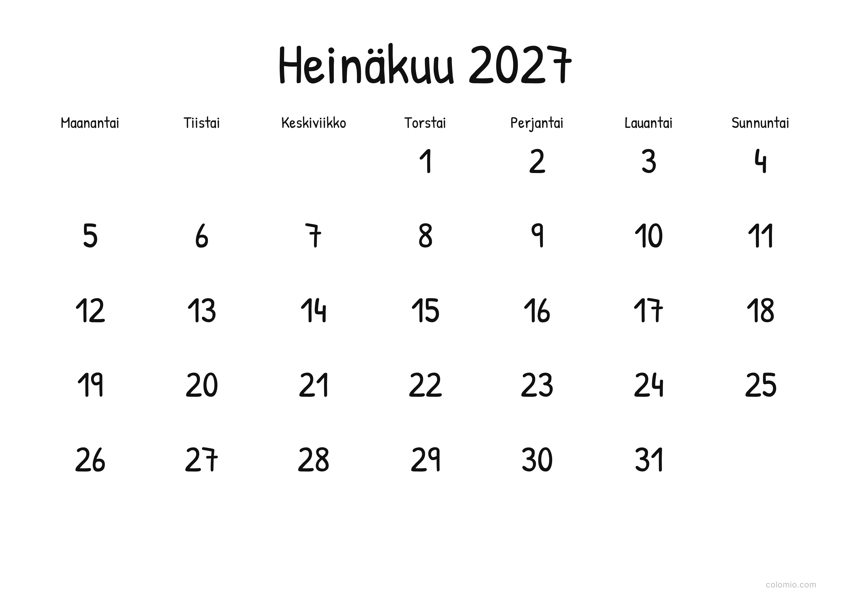Kalenteri Heinäkuu 2027 display · vaaka, PDF tulostettavaksi