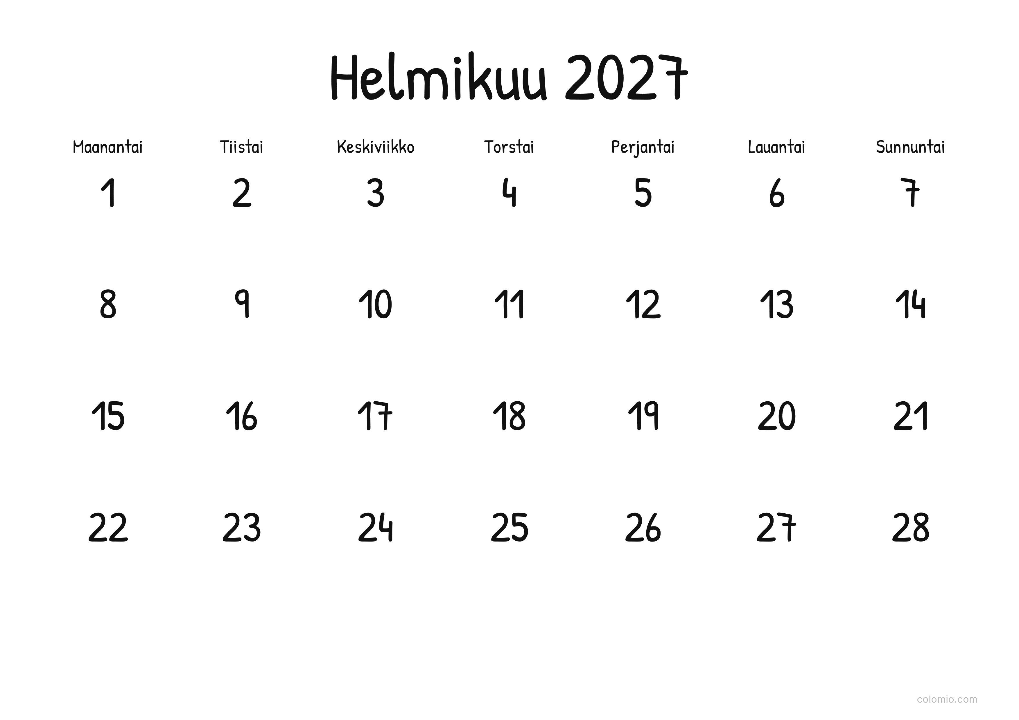 Kalenteri Helmikuu 2027 display · vaaka, PDF tulostettavaksi