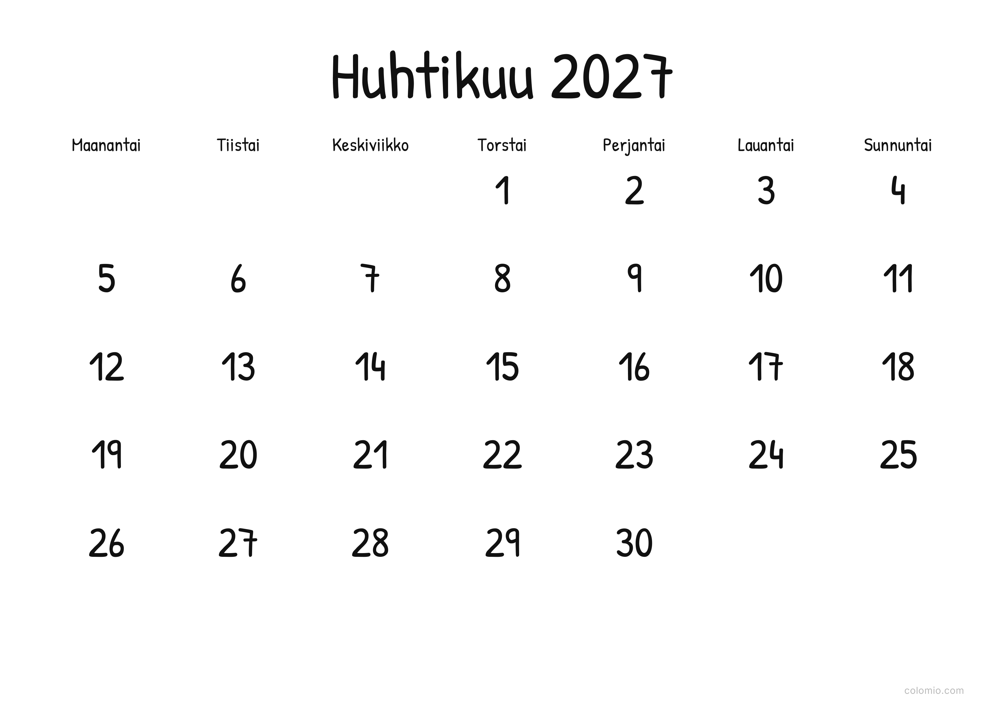 Kalenteri Huhtikuu 2027 display · vaaka, PDF tulostettavaksi