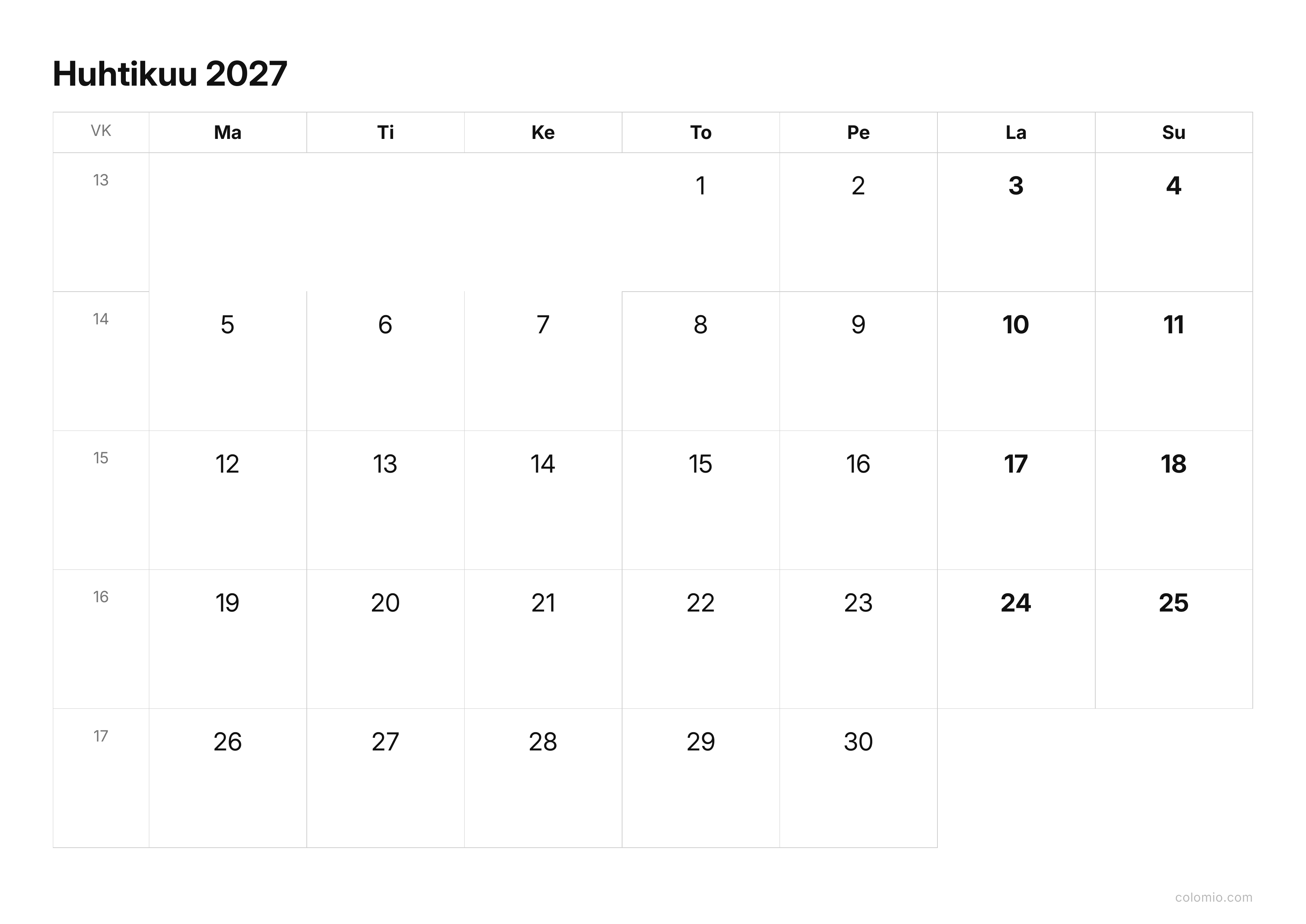 Kalenteri Huhtikuu 2027 kompakti · vaaka, PDF tulostettavaksi