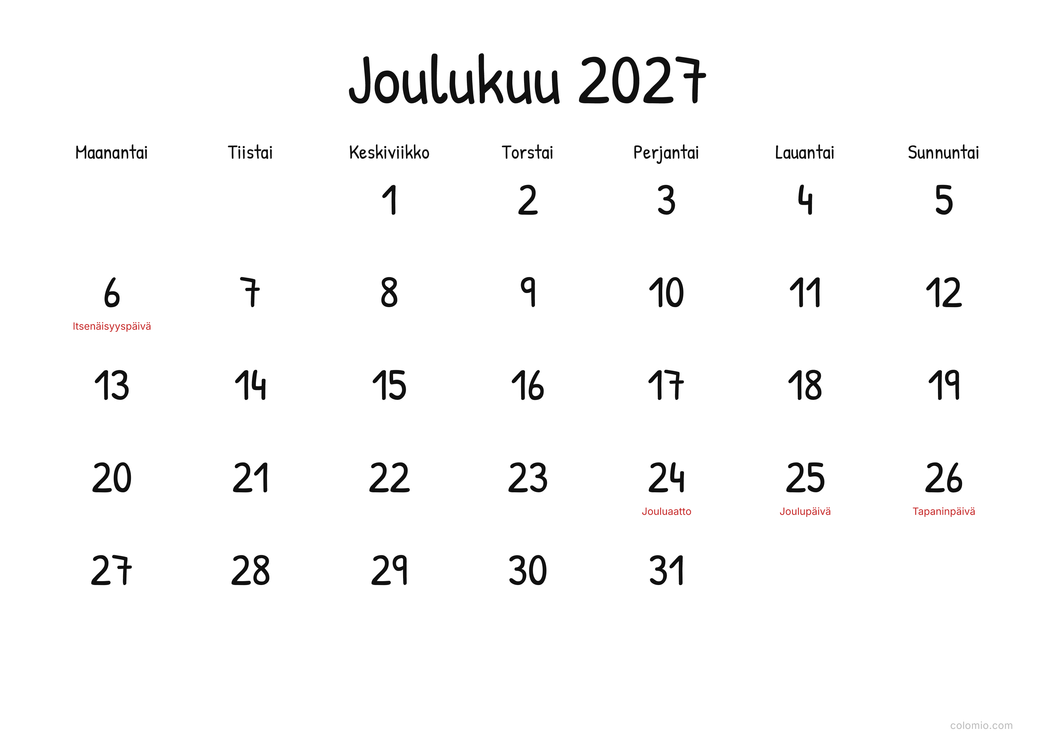 Kalenteri Joulukuu 2027 display · vaaka, PDF tulostettavaksi