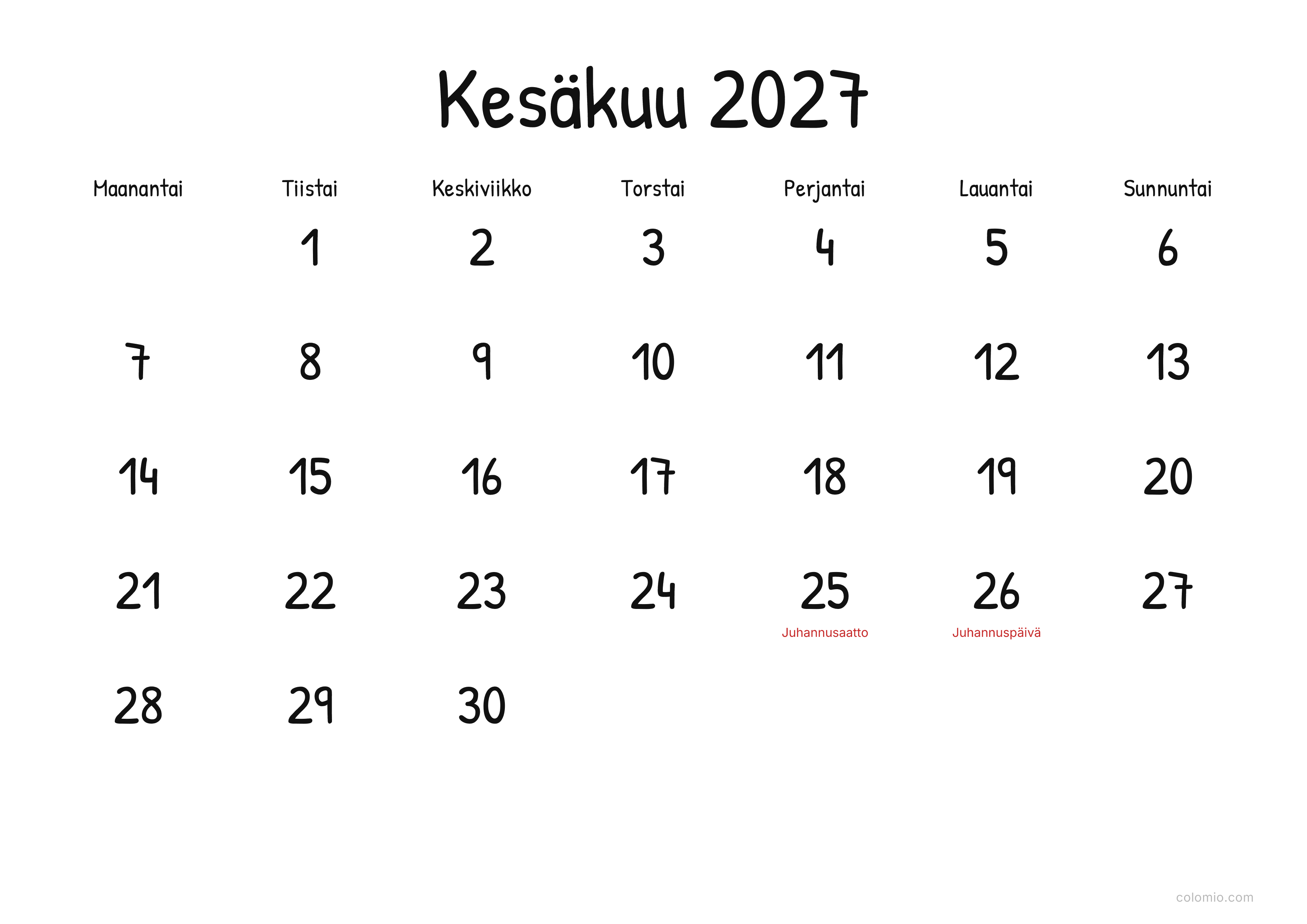 Kalenteri Kesäkuu 2027 display · vaaka, PDF tulostettavaksi