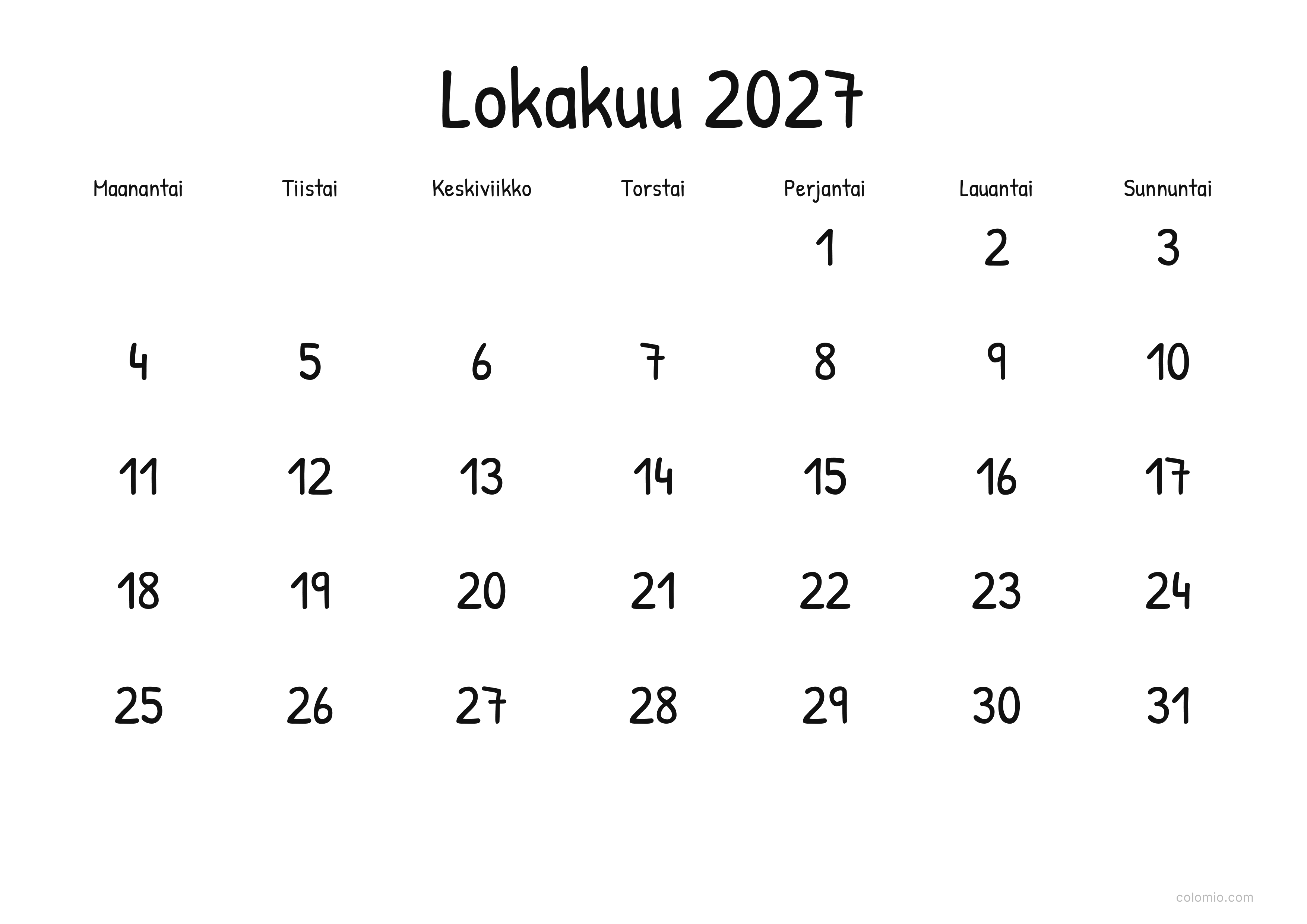 Kalenteri Lokakuu 2027 display · vaaka, PDF tulostettavaksi
