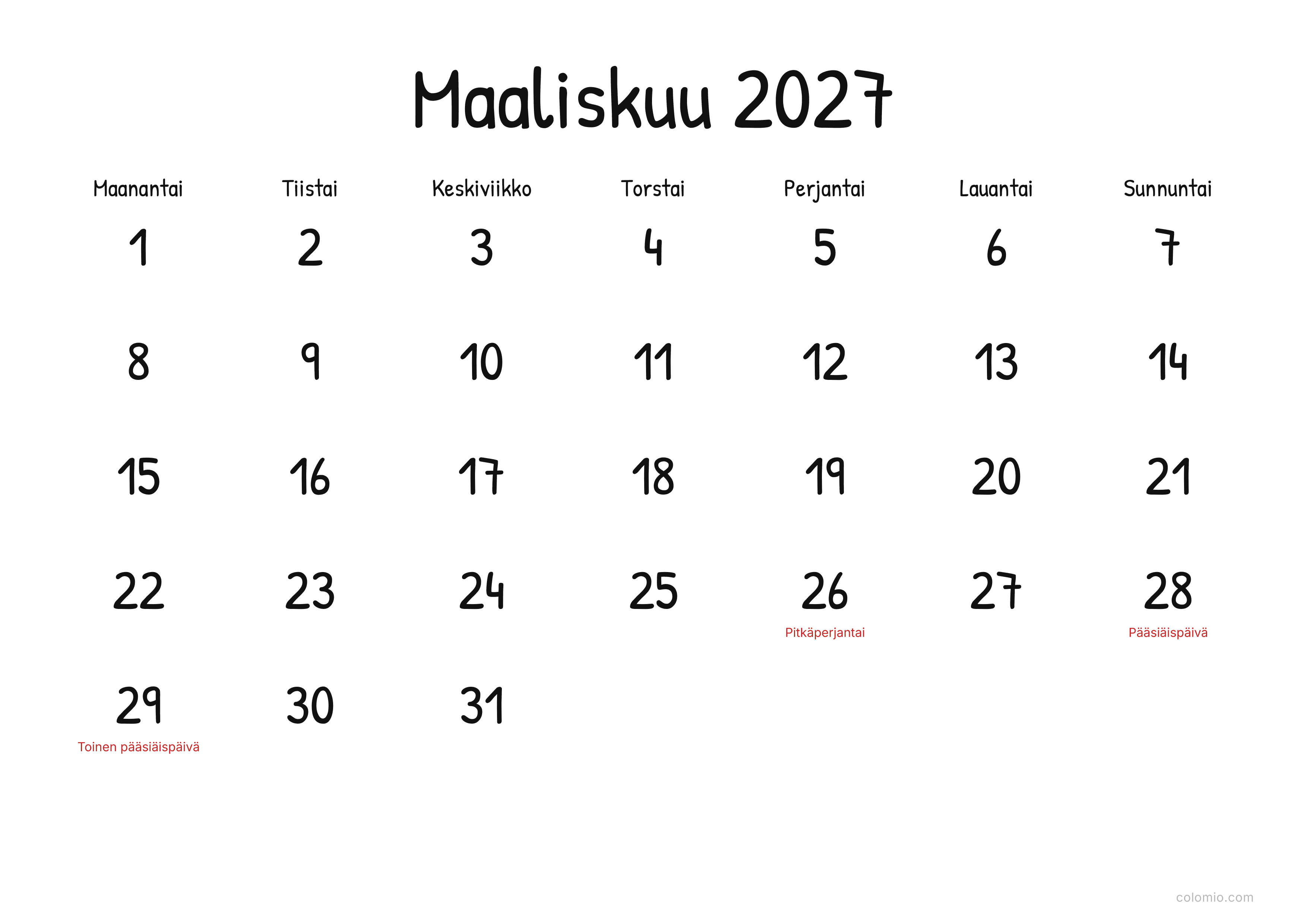 Kalenteri Maaliskuu 2027 display · vaaka, PDF tulostettavaksi
