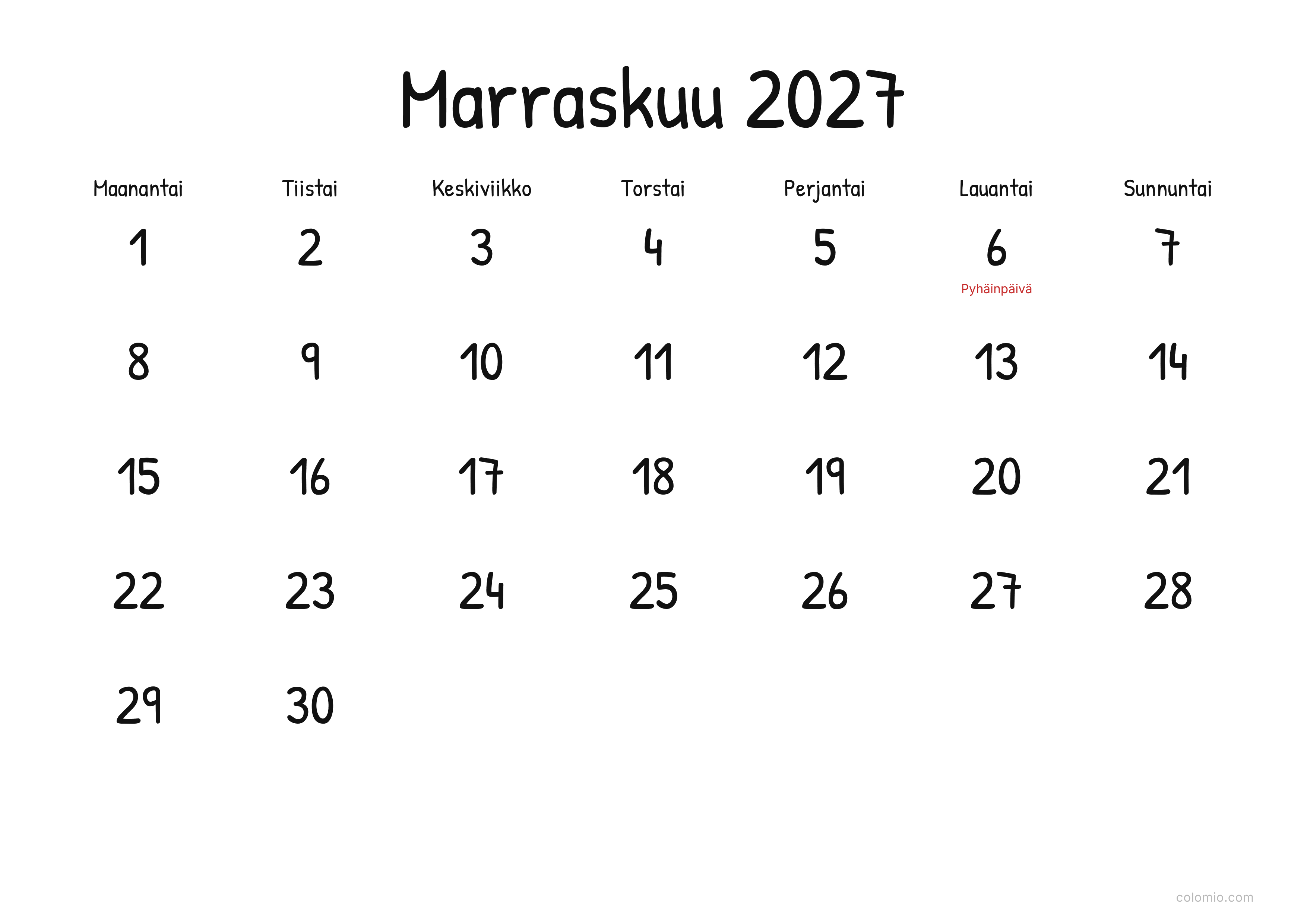 Kalenteri Marraskuu 2027 display · vaaka, PDF tulostettavaksi