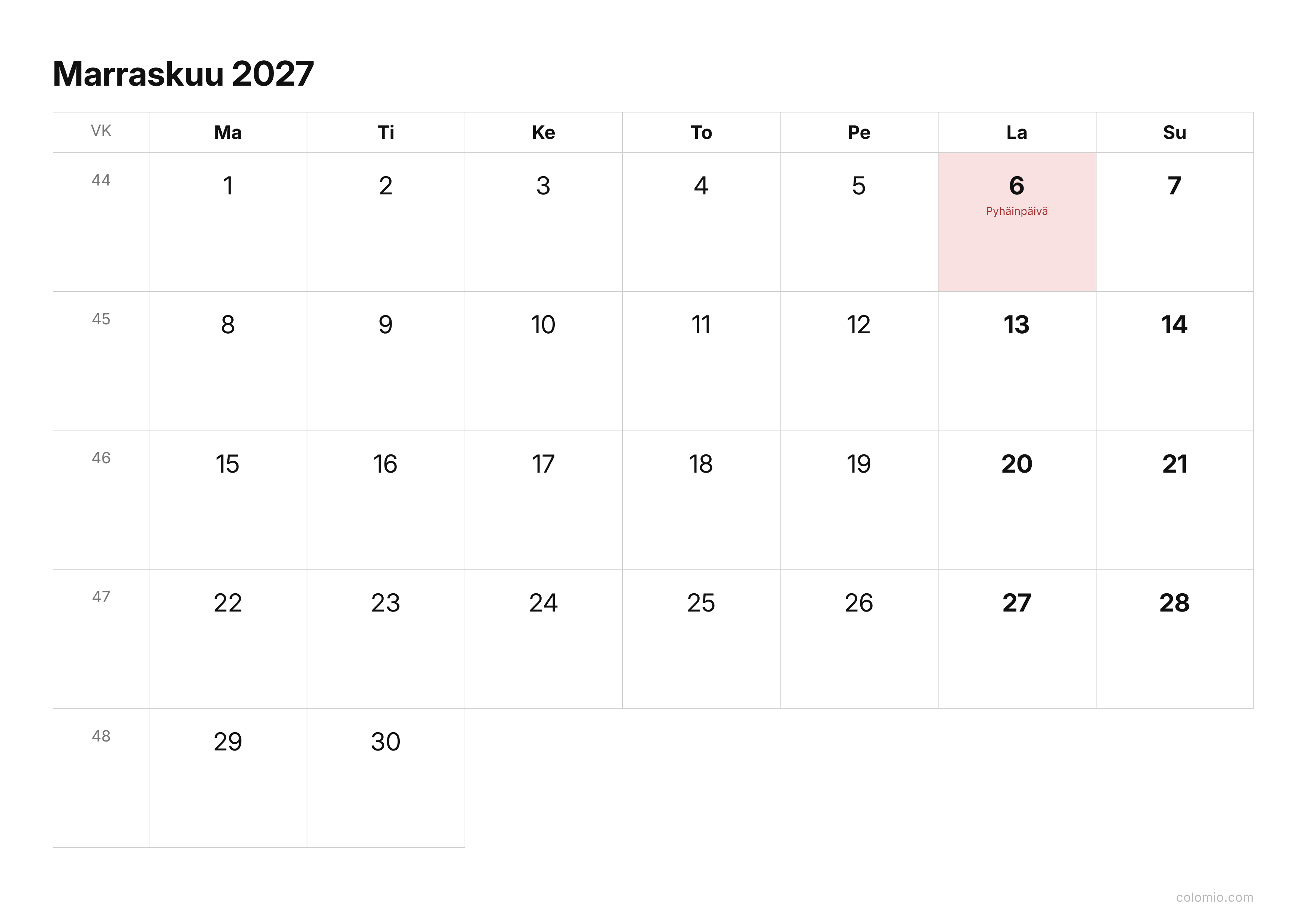 Kalenteri Marraskuu 2027 kompakti · vaaka, PDF tulostettavaksi