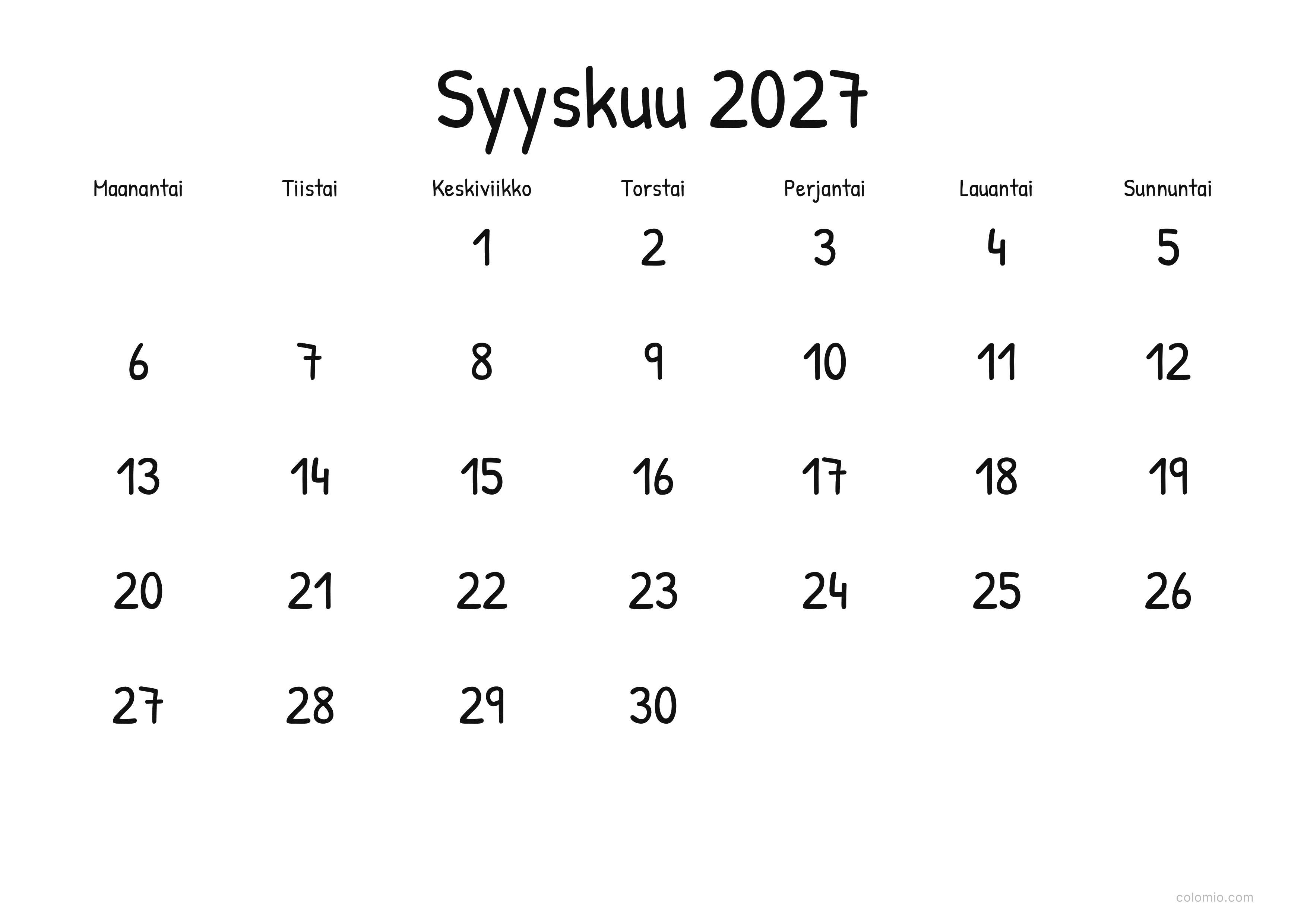 Kalenteri Syyskuu 2027 display · vaaka, PDF tulostettavaksi