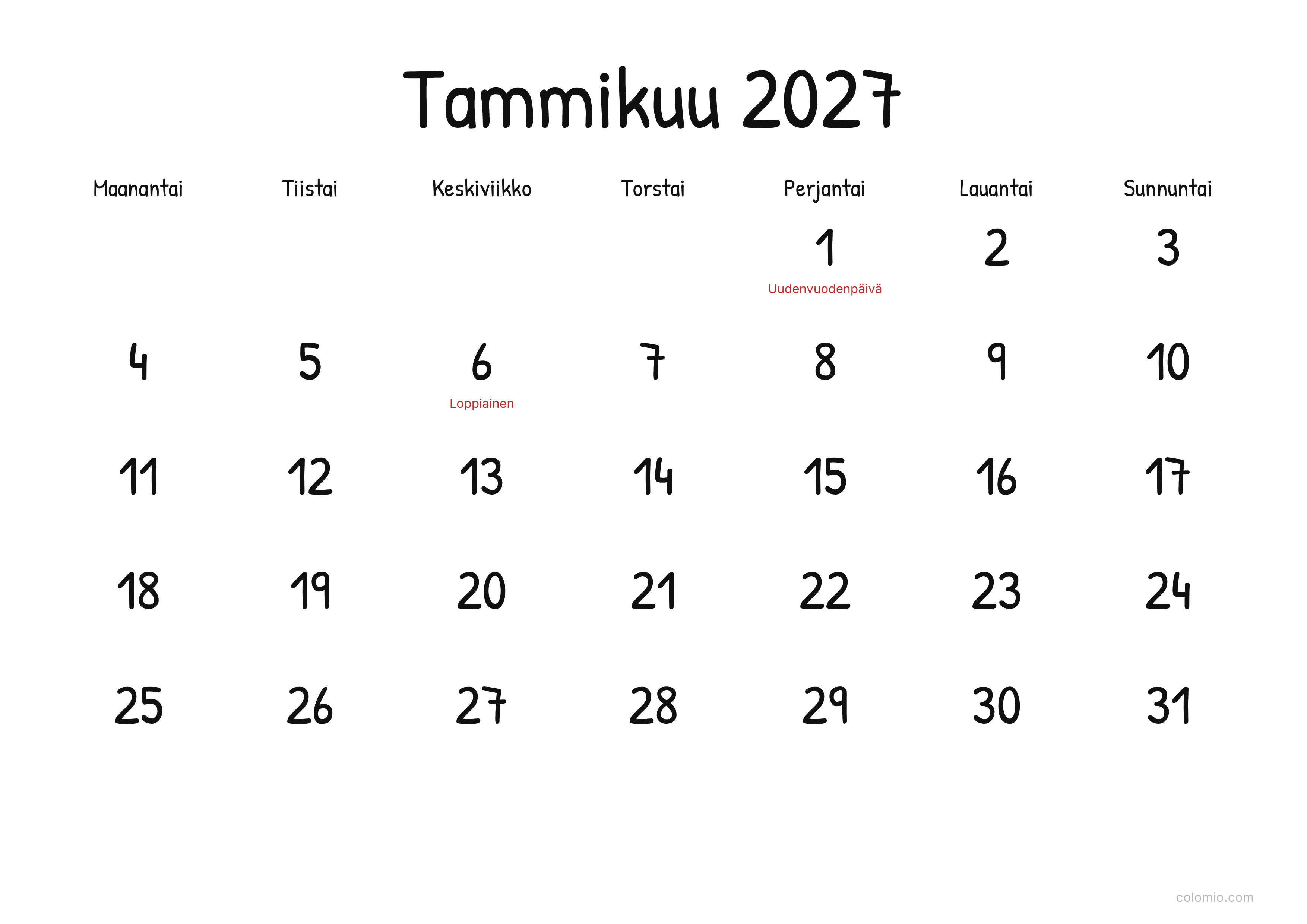 Kalenteri Tammikuu 2027 display · vaaka, PDF tulostettavaksi