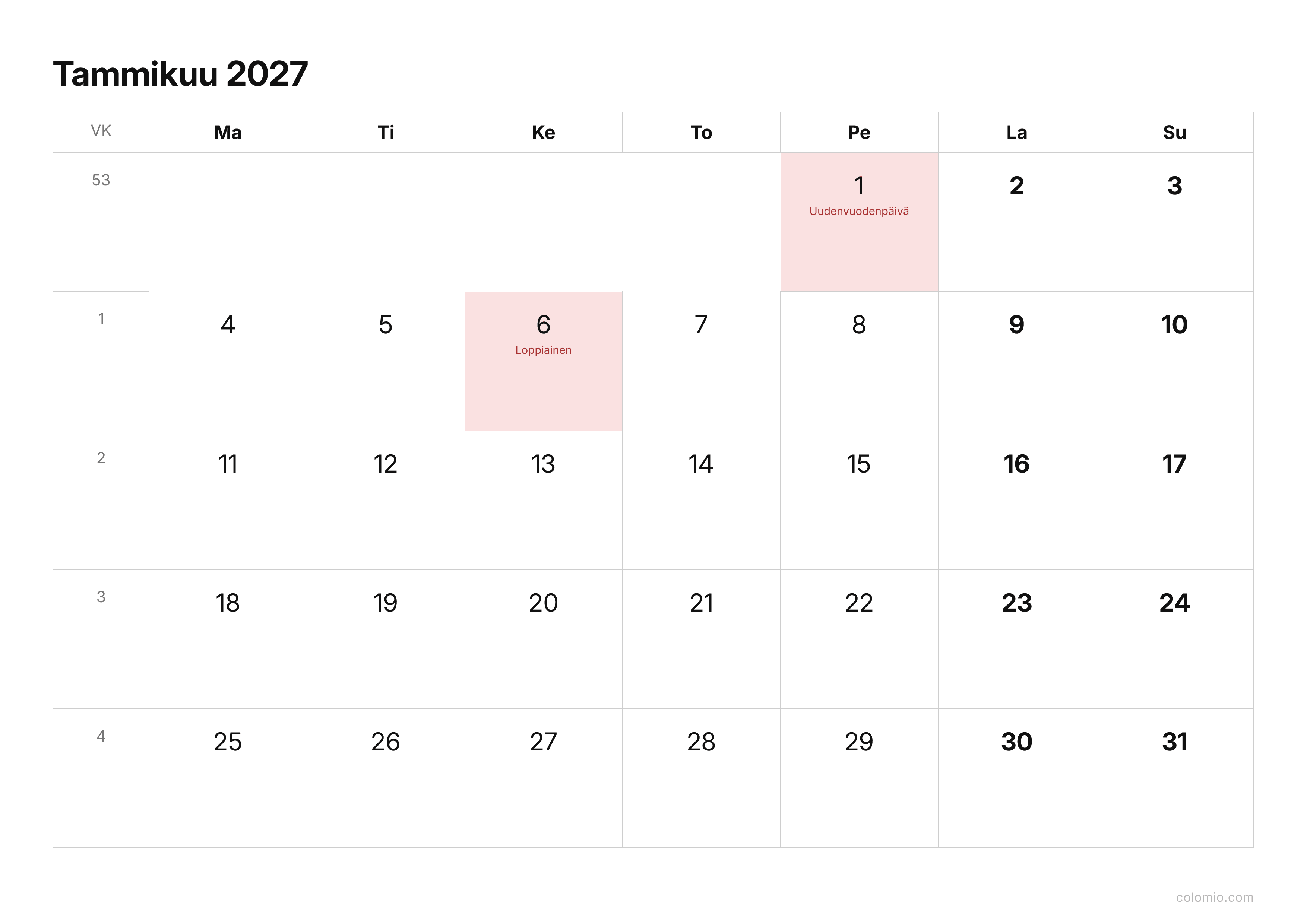 Kalenteri Tammikuu 2027 kompakti · vaaka, PDF tulostettavaksi