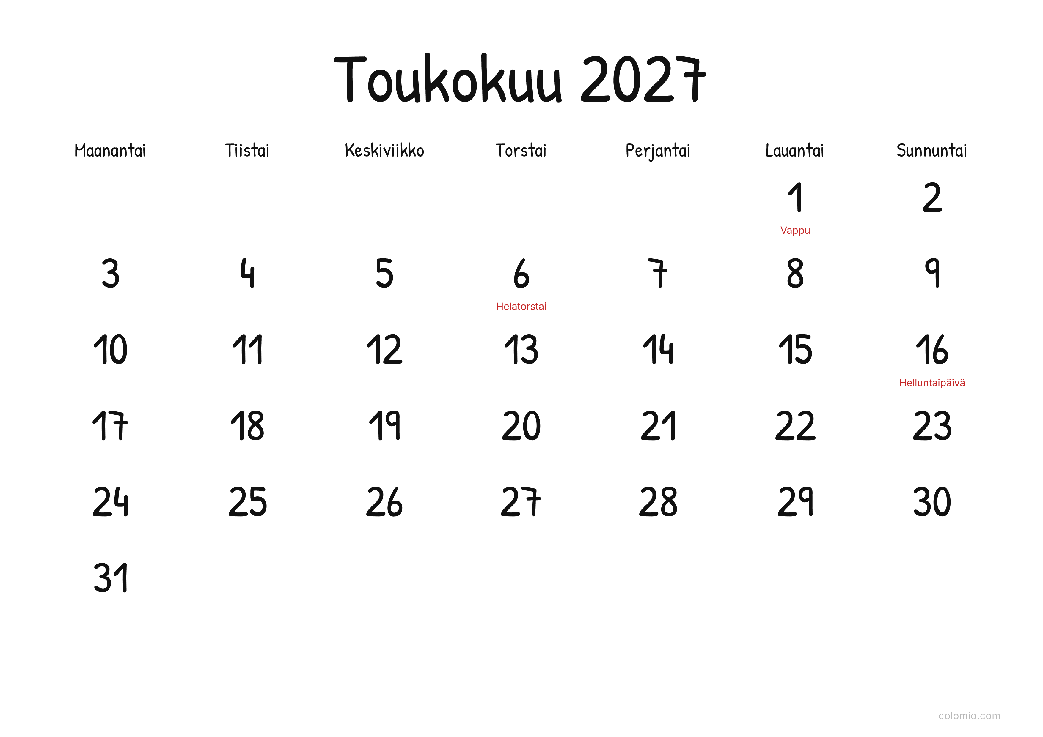 Kalenteri Toukokuu 2027 display · vaaka, PDF tulostettavaksi