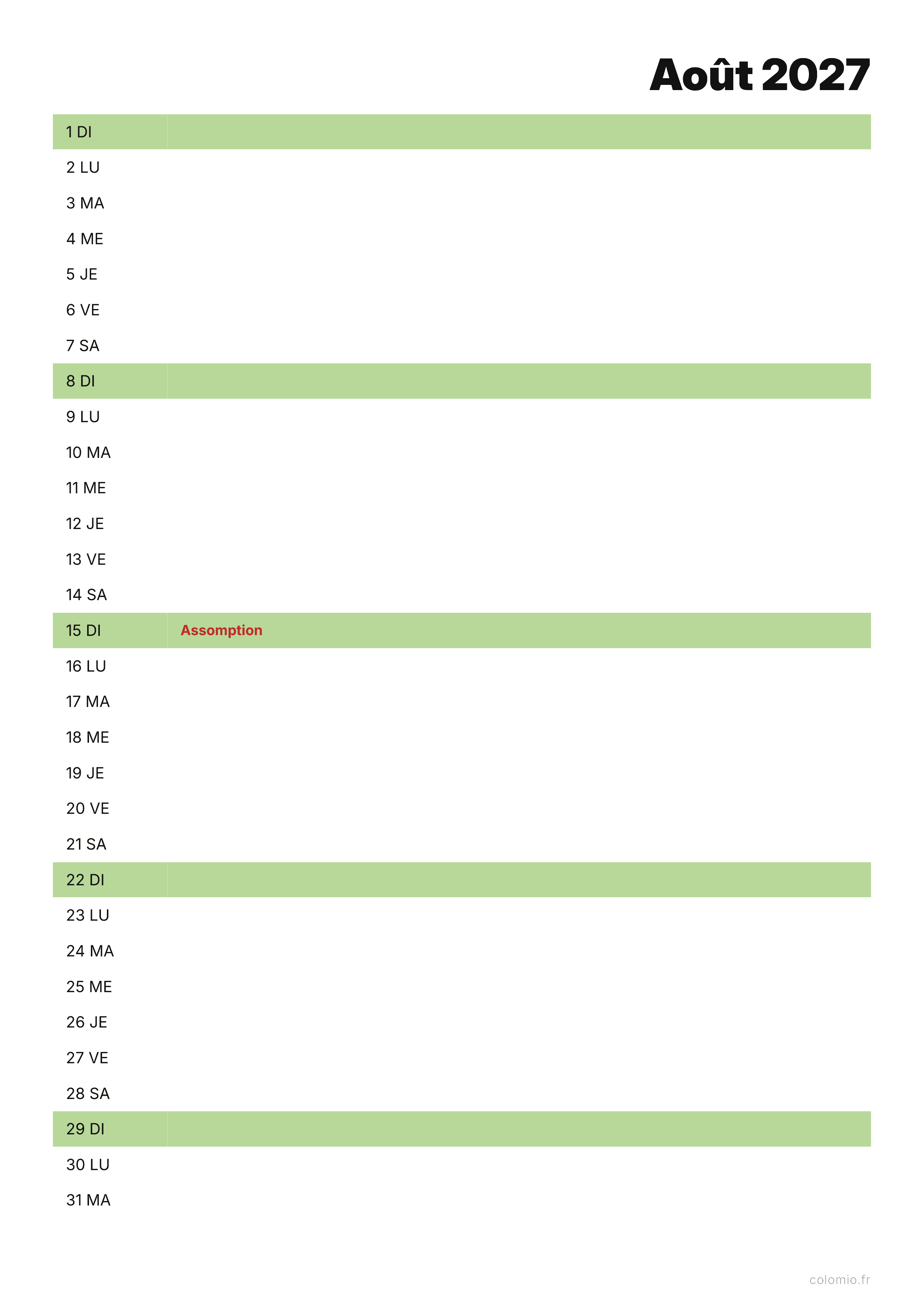 Calendrier Août 2027 agenda · portrait, PDF à imprimer