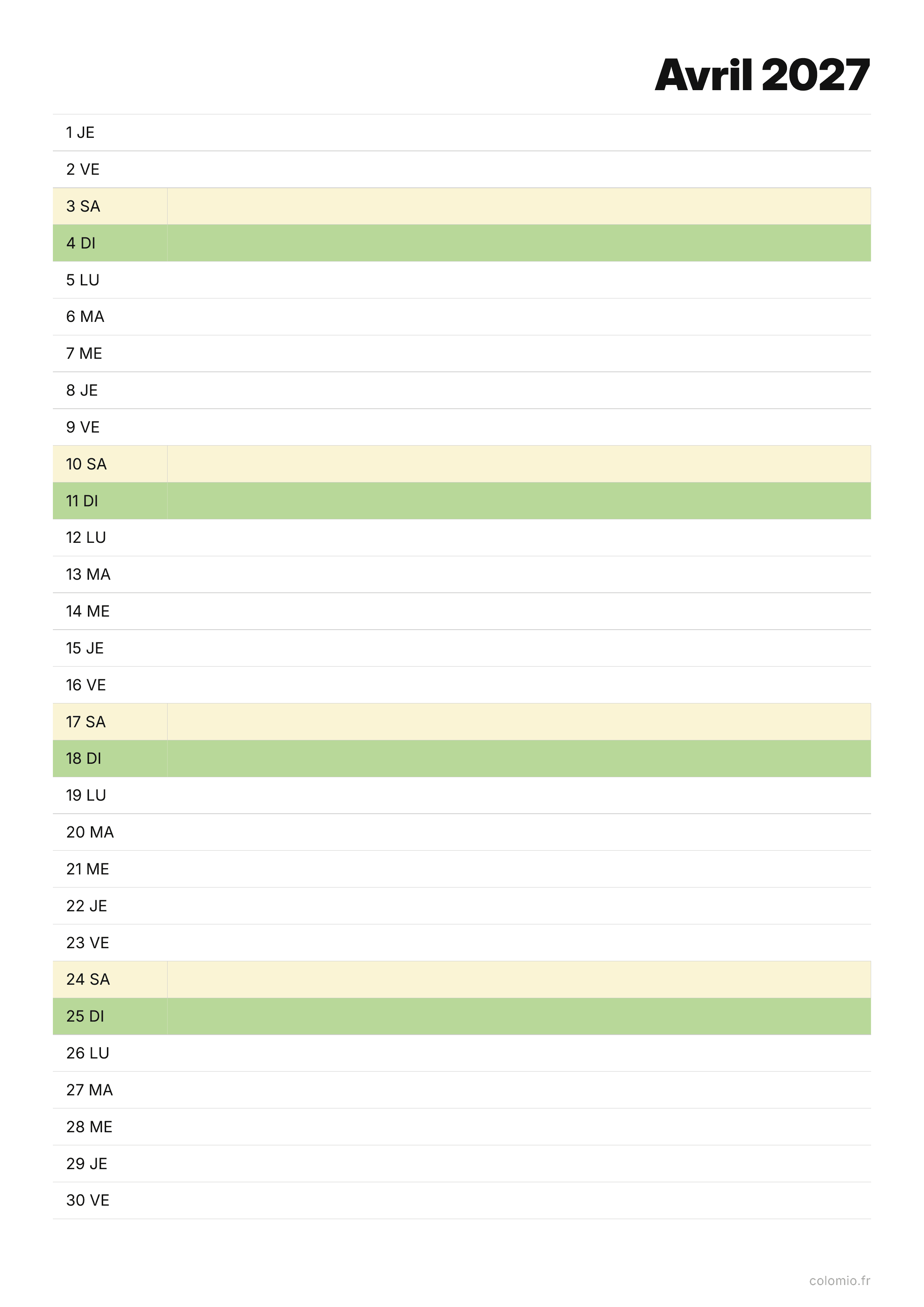 Calendrier Avril 2027 agenda · portrait, PDF à imprimer