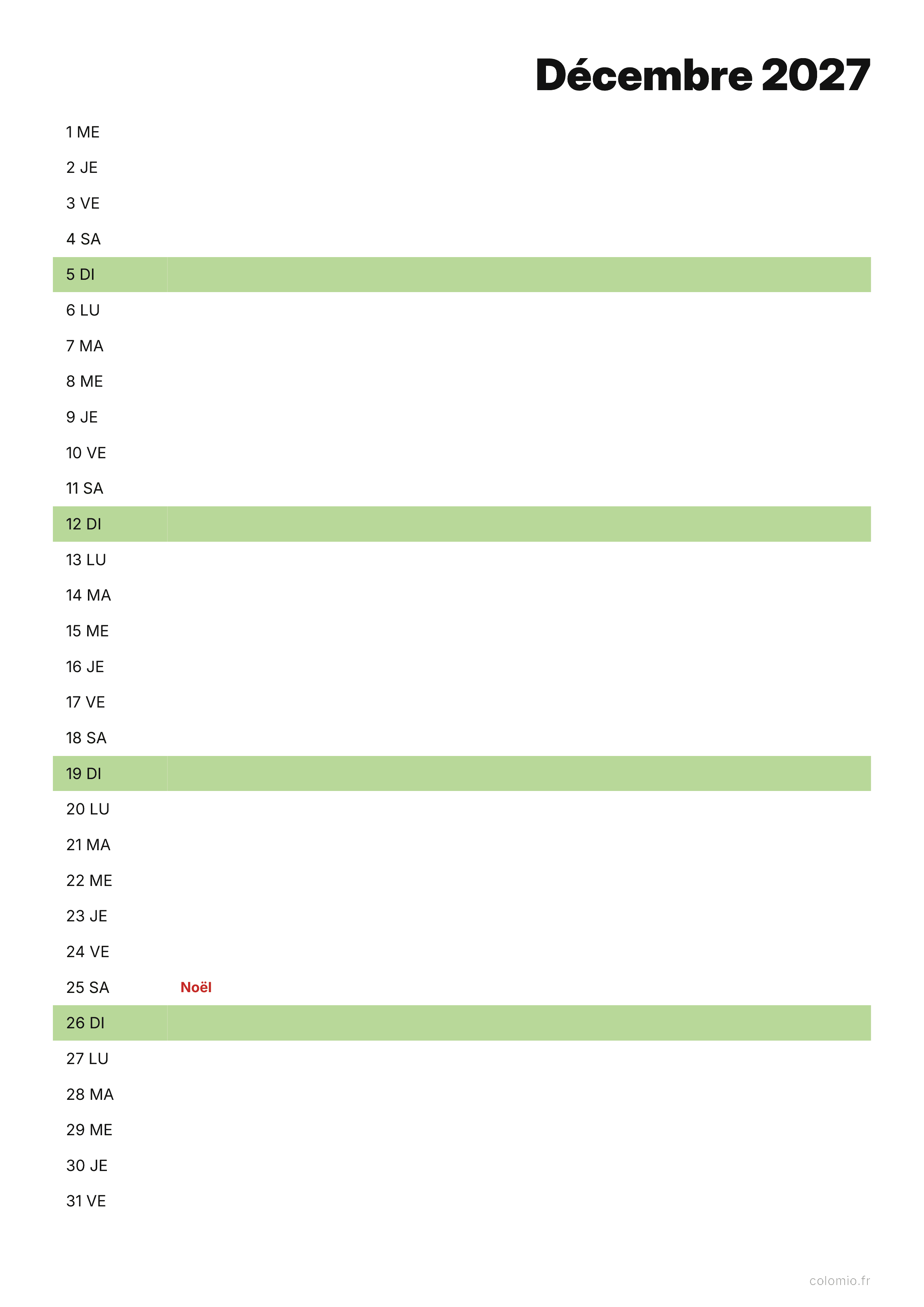 Calendrier Décembre 2027 agenda · portrait, PDF à imprimer