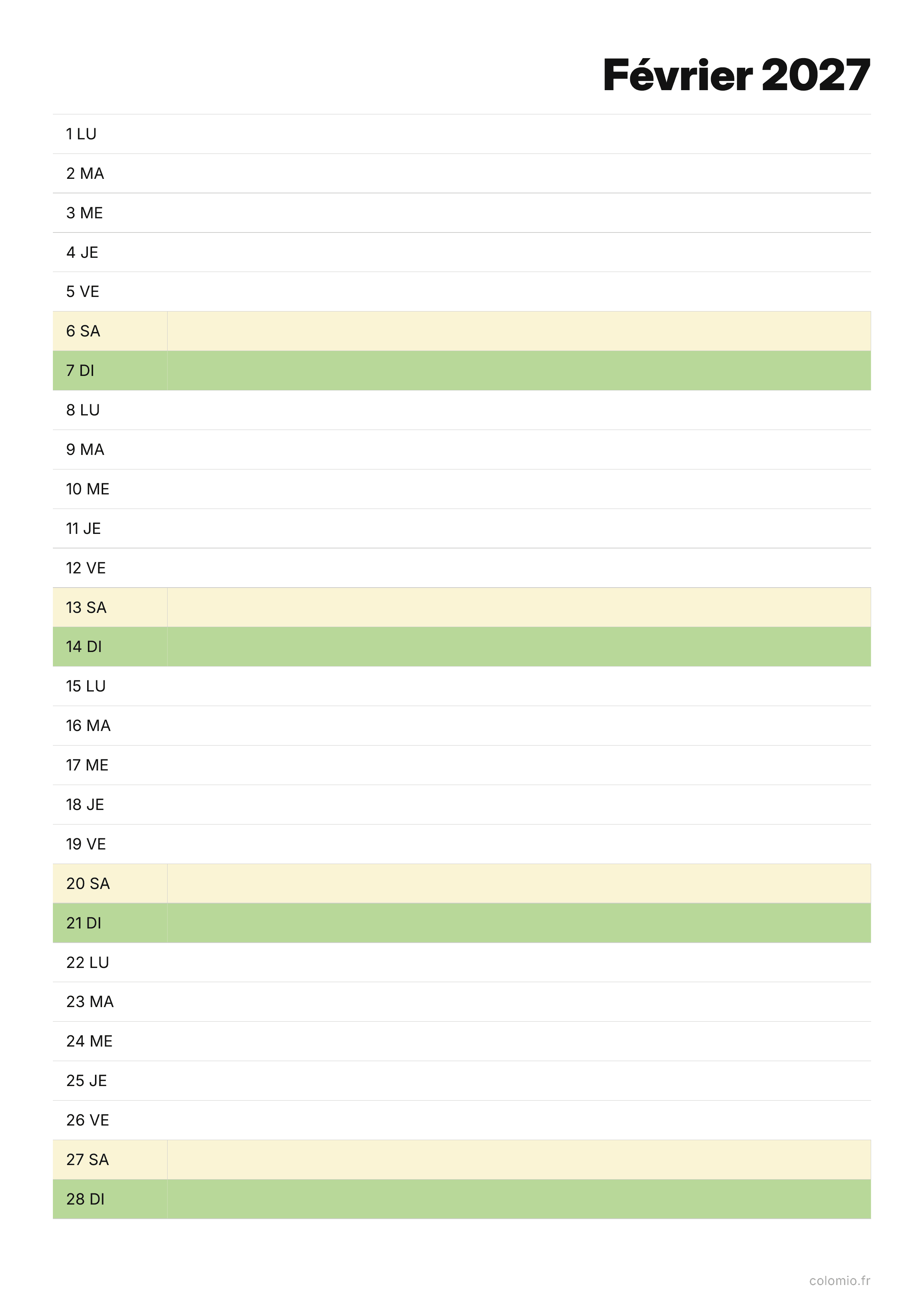 Calendrier Février 2027 agenda · portrait, PDF à imprimer