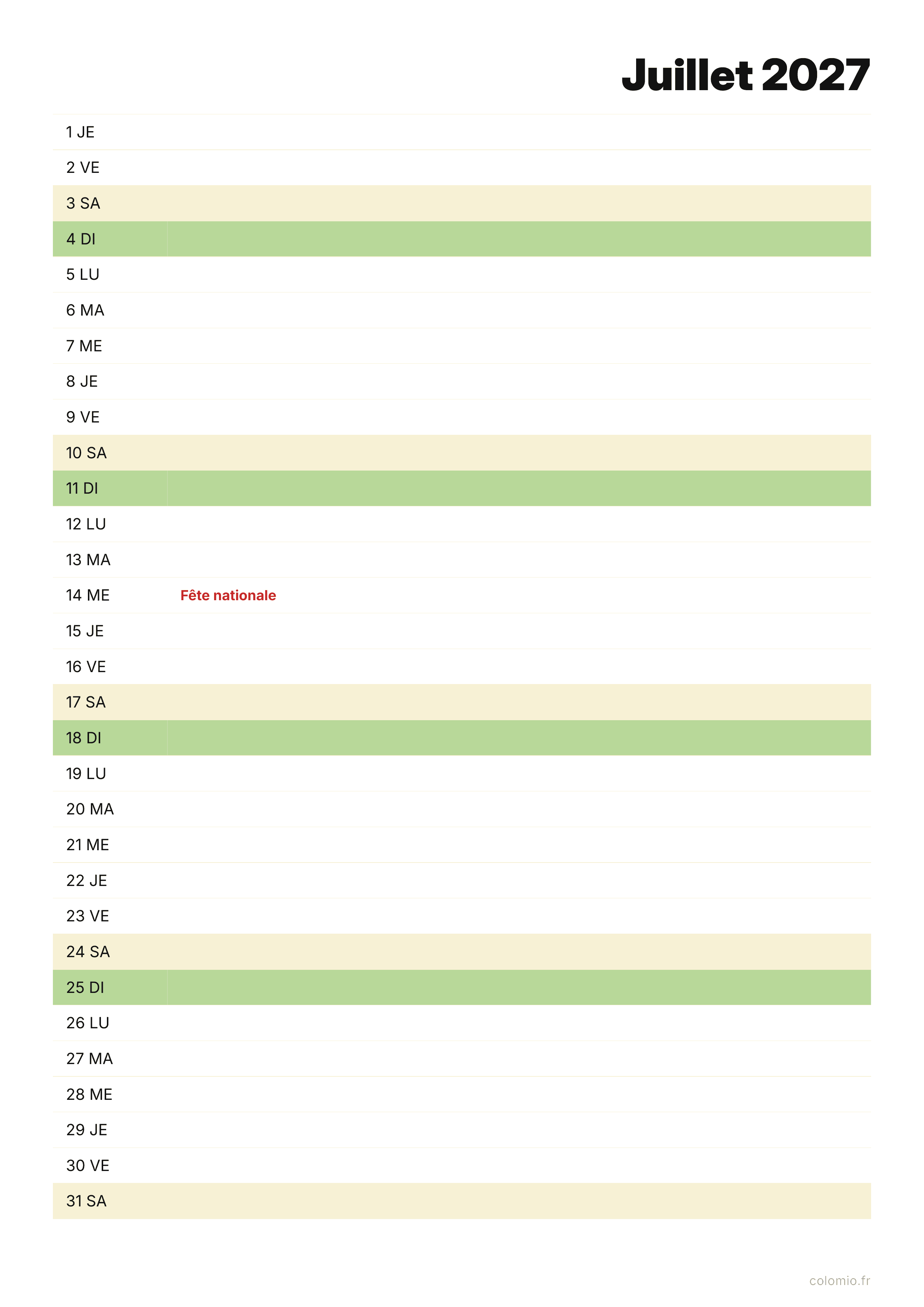 Calendrier Juillet 2027 agenda · portrait, PDF à imprimer